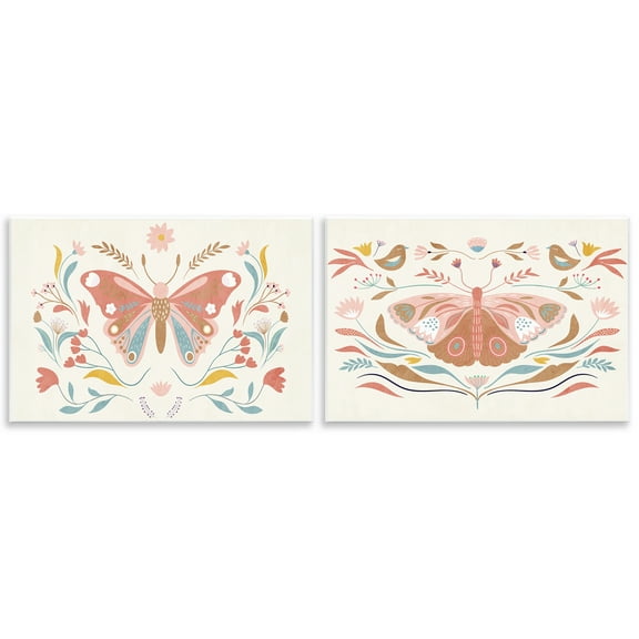 Stupell Industries Folk Butterflies & Florals Insects Painting Unframed Art Print Wall Art, 15 x 10, Set of 2