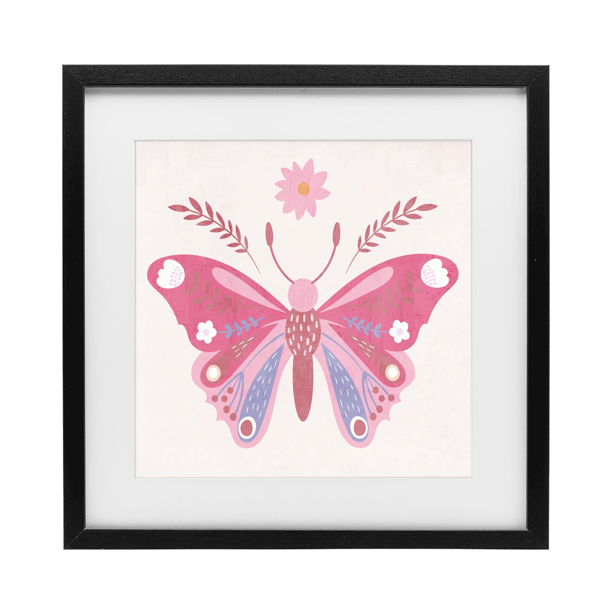 Stupell Industries Folk Butterfly in Pink Black Framed Print Under Glass, design by Kim Allen