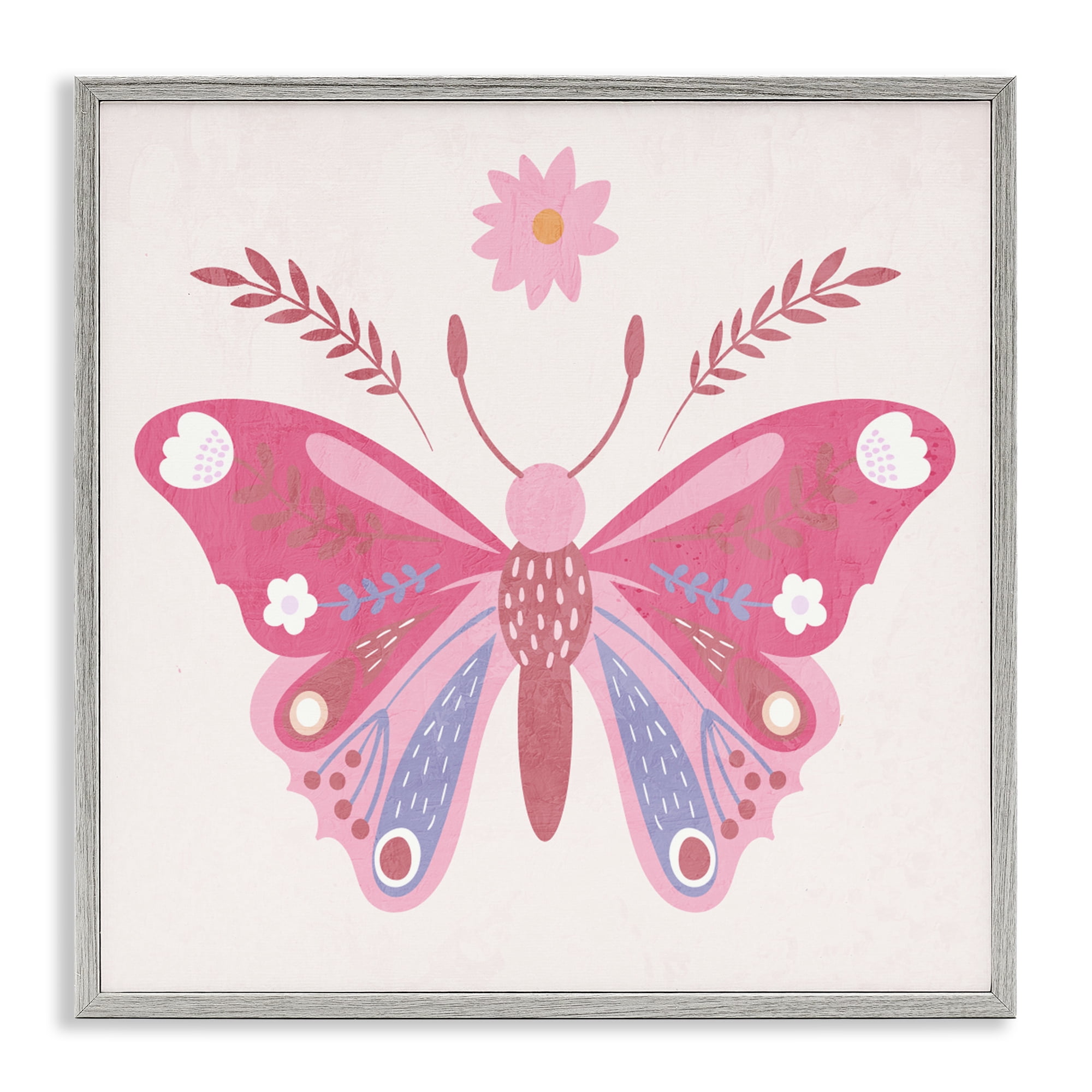 Stupell Industries Folk Butterfly in Pink Gray Framed Giclee Art, design by Kim Allen
