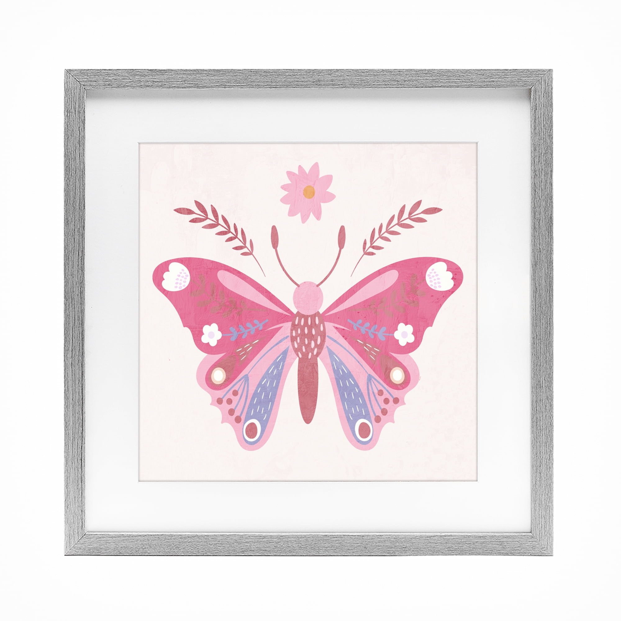 Stupell Industries Folk Butterfly in Pink Gray Framed Print Under Glass, design by Kim Allen