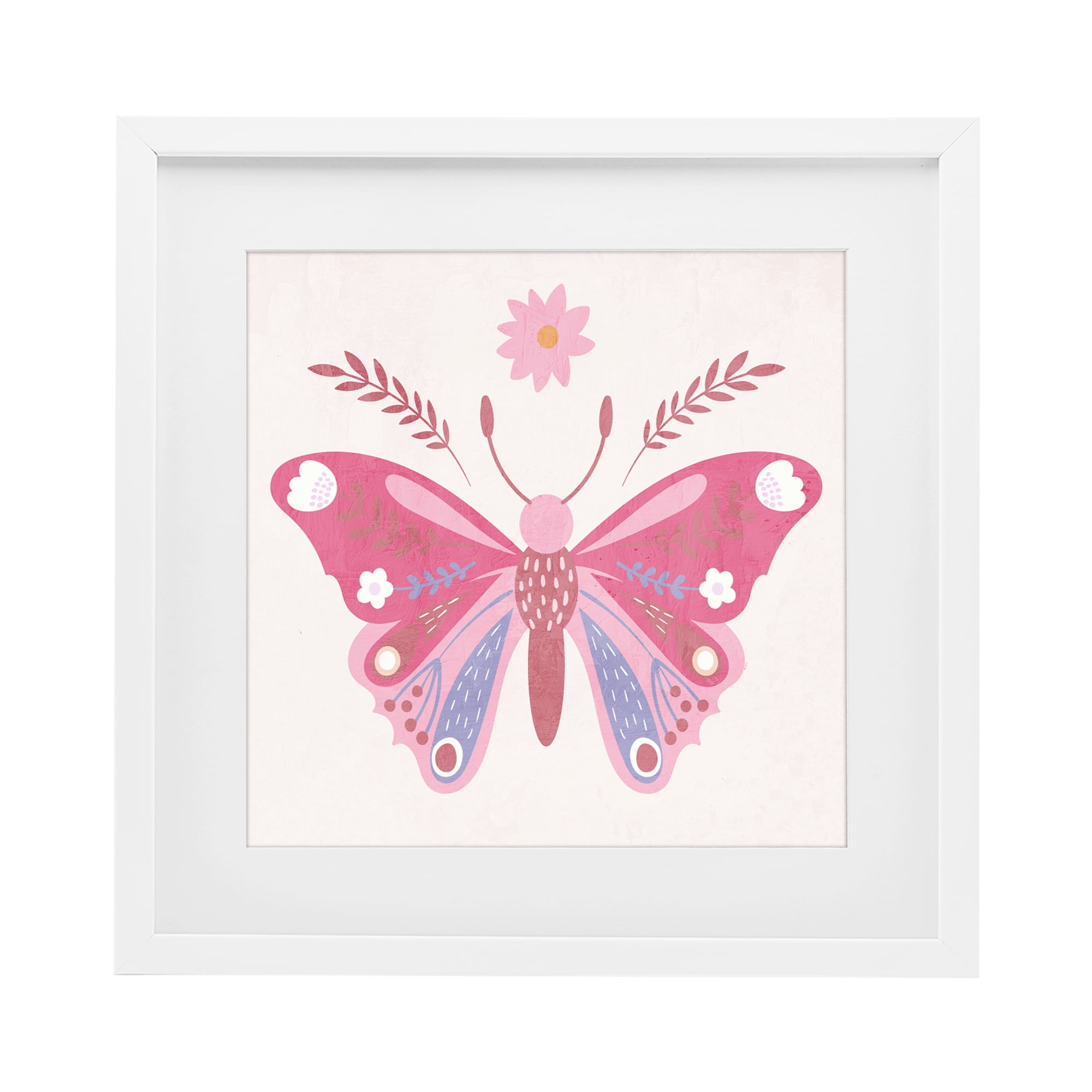 Stupell Industries Folk Butterfly in Pink White Framed Print Under Glass, design by Kim Allen