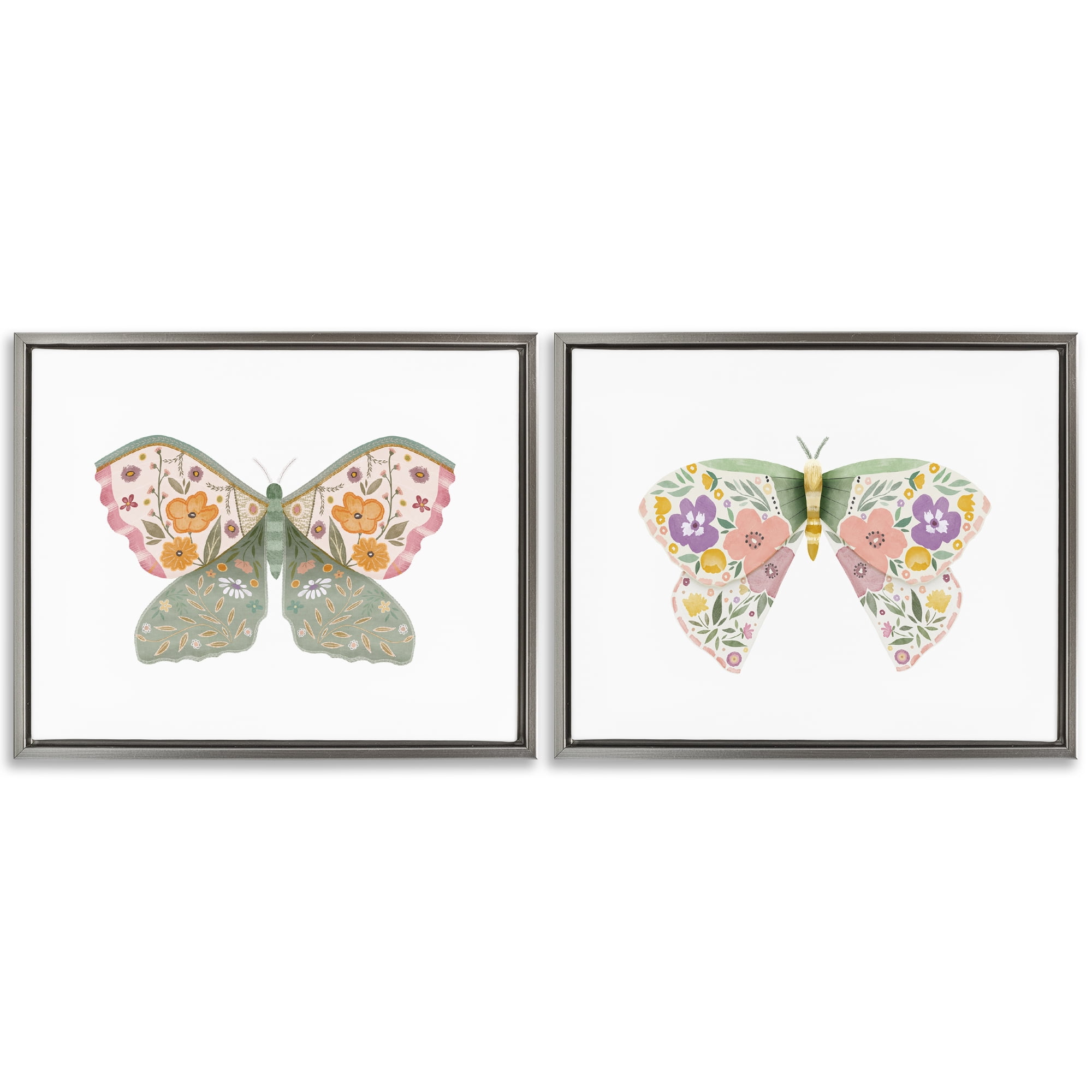 Stupell Industries Folk Florals Butterflies Insects Painting Gray Floater Framed Canvas Art Print Wall Art, 31 x 25, Set of 2
