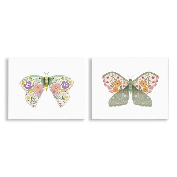 Stupell Industries Folk Florals Butterflies Insects Painting Unframed Art Print Wall Art, 14 x 11, Set of 2