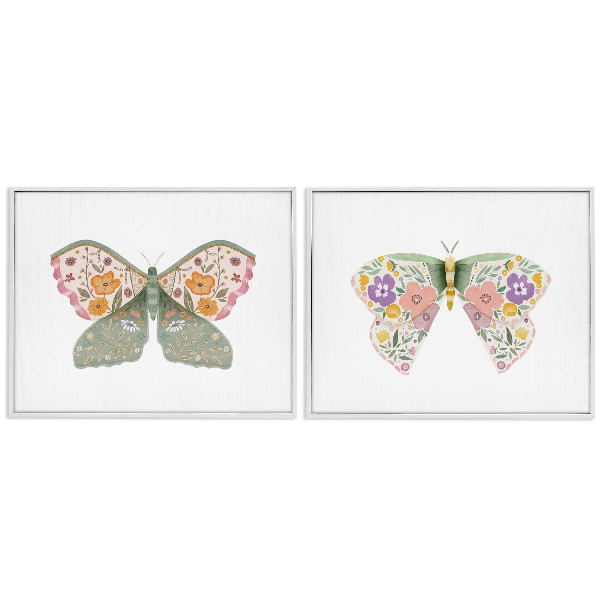 Stupell Industries Folk Florals Butterflies Insects Painting White Framed Art Print Wall Art, 14 x 11, Set of 2