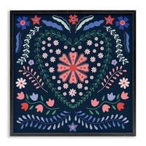 Stupell Industries Folk Flowers in Heart Pattern Floral Painting Black Framed Art Print Wall Art, 12 x 12