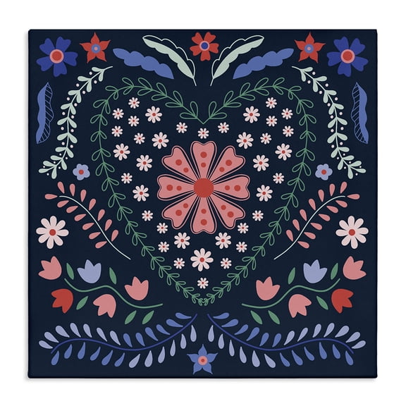 Stupell Industries Folk Flowers in Heart Pattern Floral Painting Wrapped Canvas Canvas Art Print Wall Art, 30 x 30