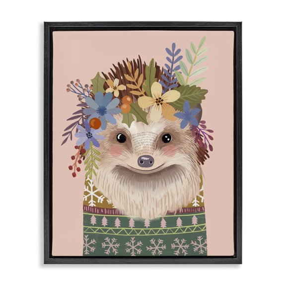Stupell Industries Folk Hedgehog with Florals Black Framed Floater Canvas Wall Art design by Mia Charro, 21 x 17