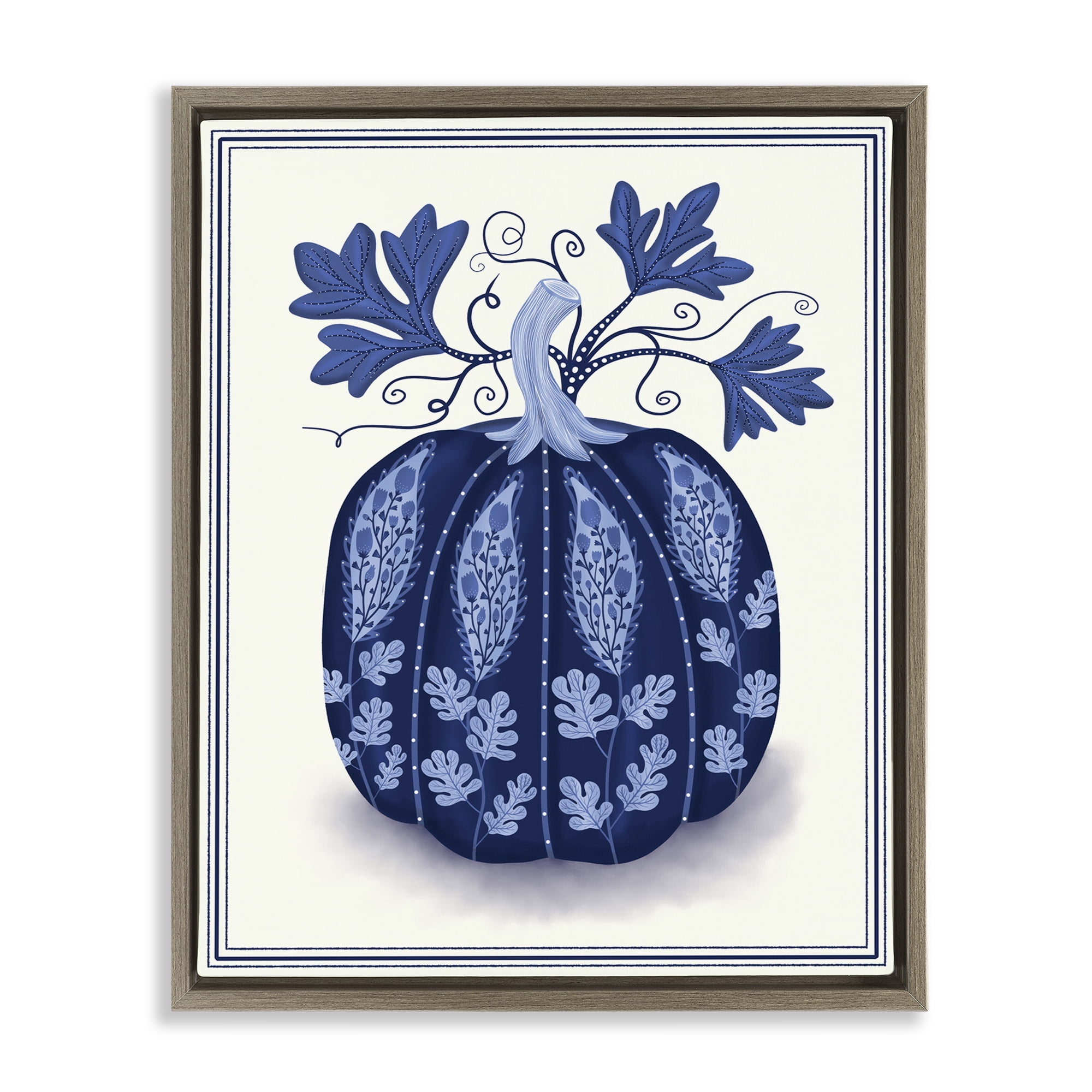Stupell Industries Folk Pattern Fall Pumpkin Plants & Flowers Painting Brown Floater Framed Canvas Art Print Wall Art, 17 x 21