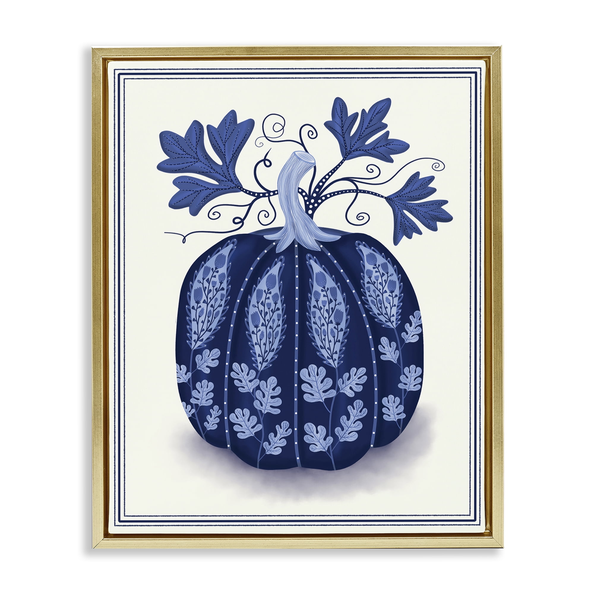 Stupell Industries Folk Pattern Fall Pumpkin Plants & Flowers Painting Gold Floater Framed Canvas Art Print Wall Art, 25 x 31