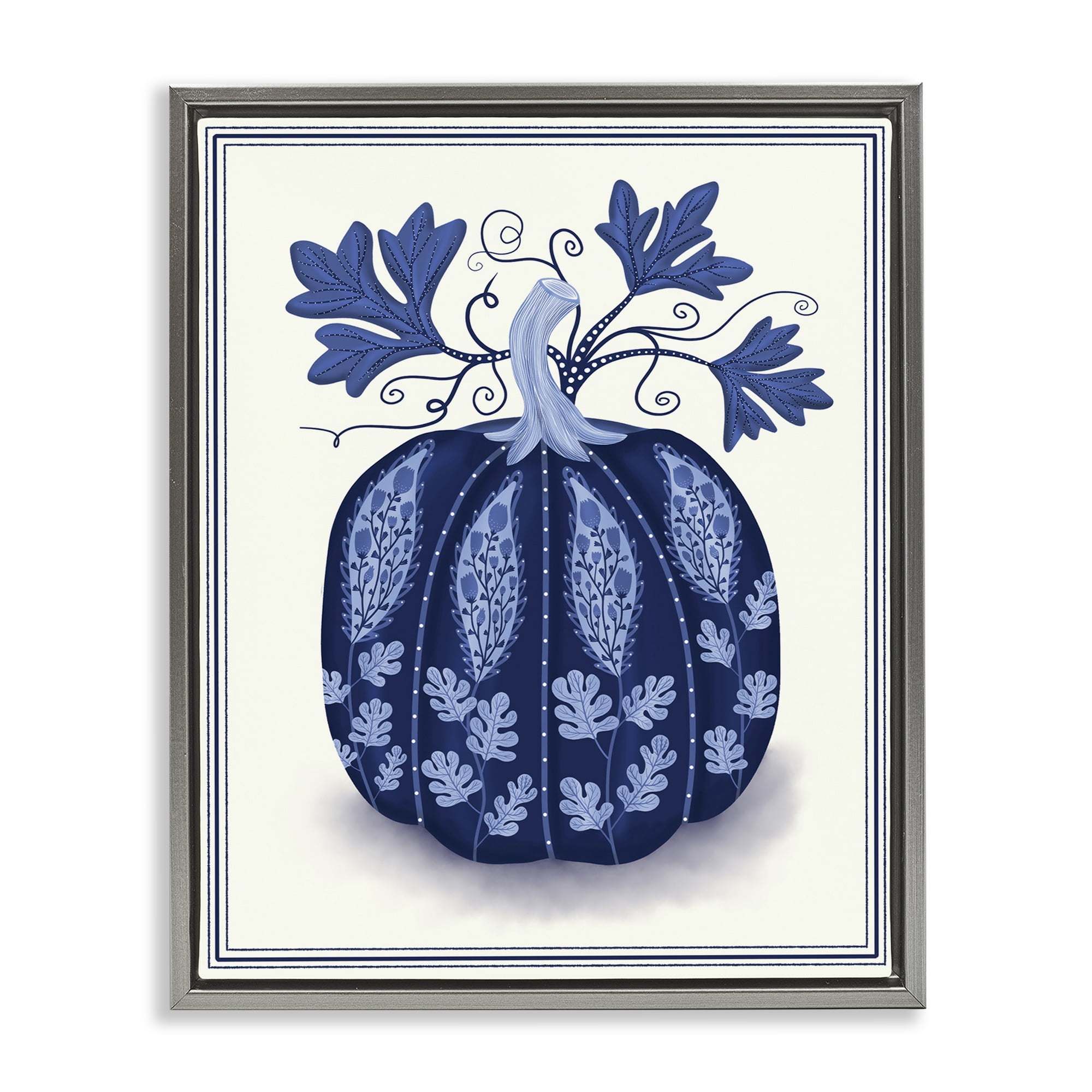 Stupell Industries Folk Pattern Fall Pumpkin Plants & Flowers Painting Gray Floater Framed Canvas Art Print Wall Art, 17 x 21
