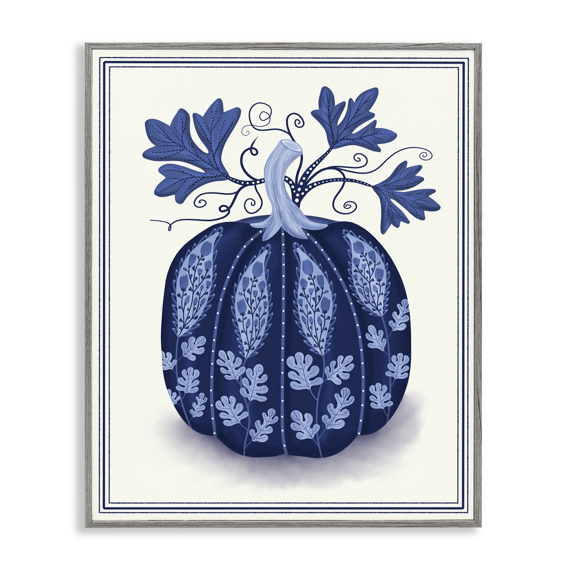 Stupell Industries Folk Pattern Fall Pumpkin Plants & Flowers Painting Gray Framed Art Print Wall Art, 16 x 20