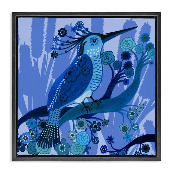 Stupell Industries Folk Style Blue Bird Animals Painting Black Floater Framed Canvas Art Print Wall Art, 25 x 25