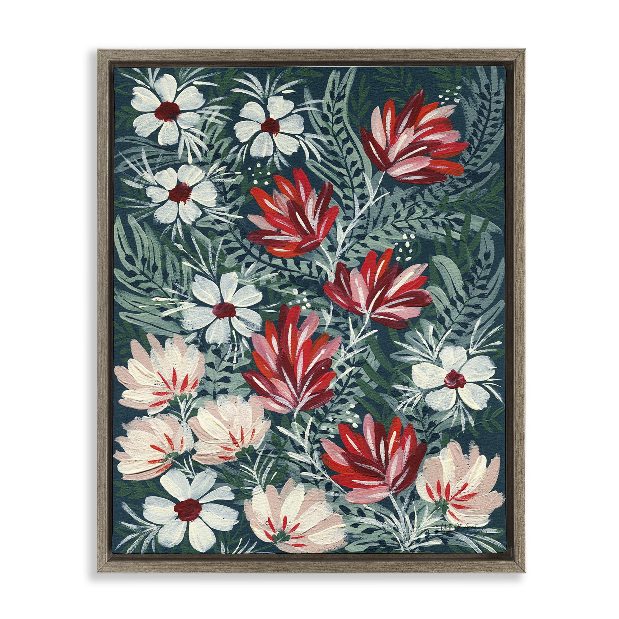 Stupell Industries Folksy Floral Pattern Botanical & Floral Painting Brown Floater Framed Art Print Wall Art, 25 x 31