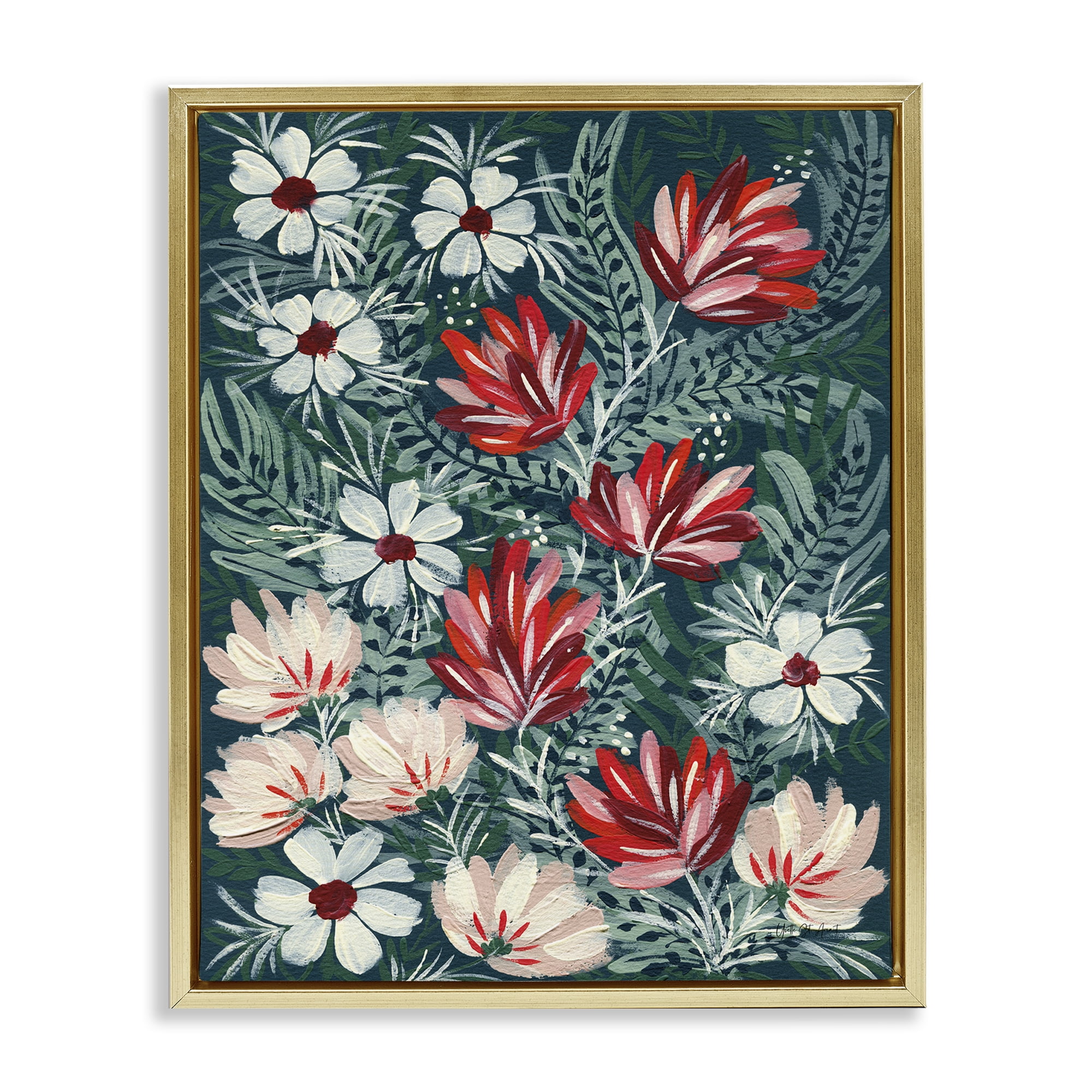 Stupell Industries Folksy Floral Pattern Botanical & Floral Painting Gold Floater Framed Art Print Wall Art, 17 x 21