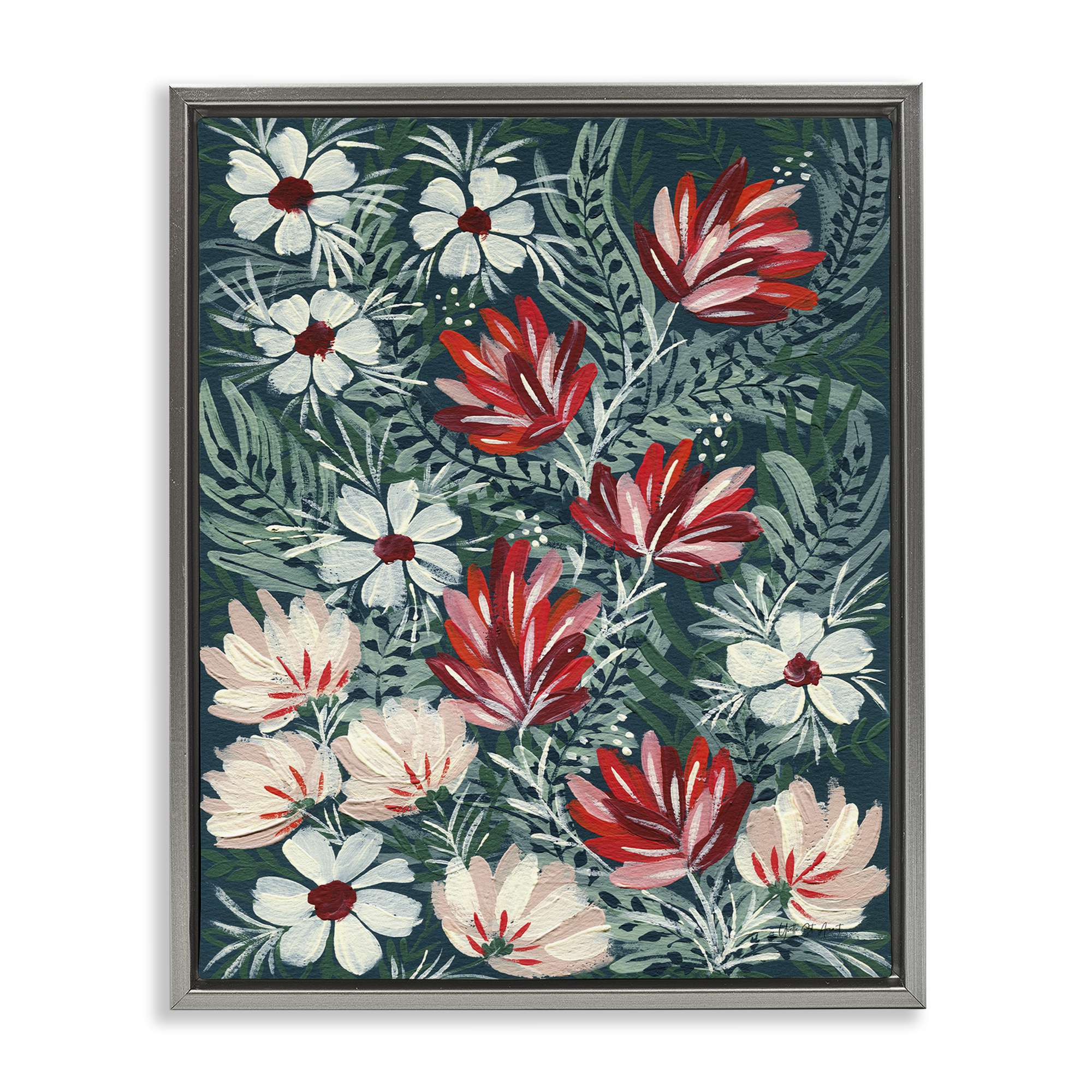 Stupell Industries Folksy Floral Pattern Botanical & Floral Painting Gray Floater Framed Art Print Wall Art, 25 x 31