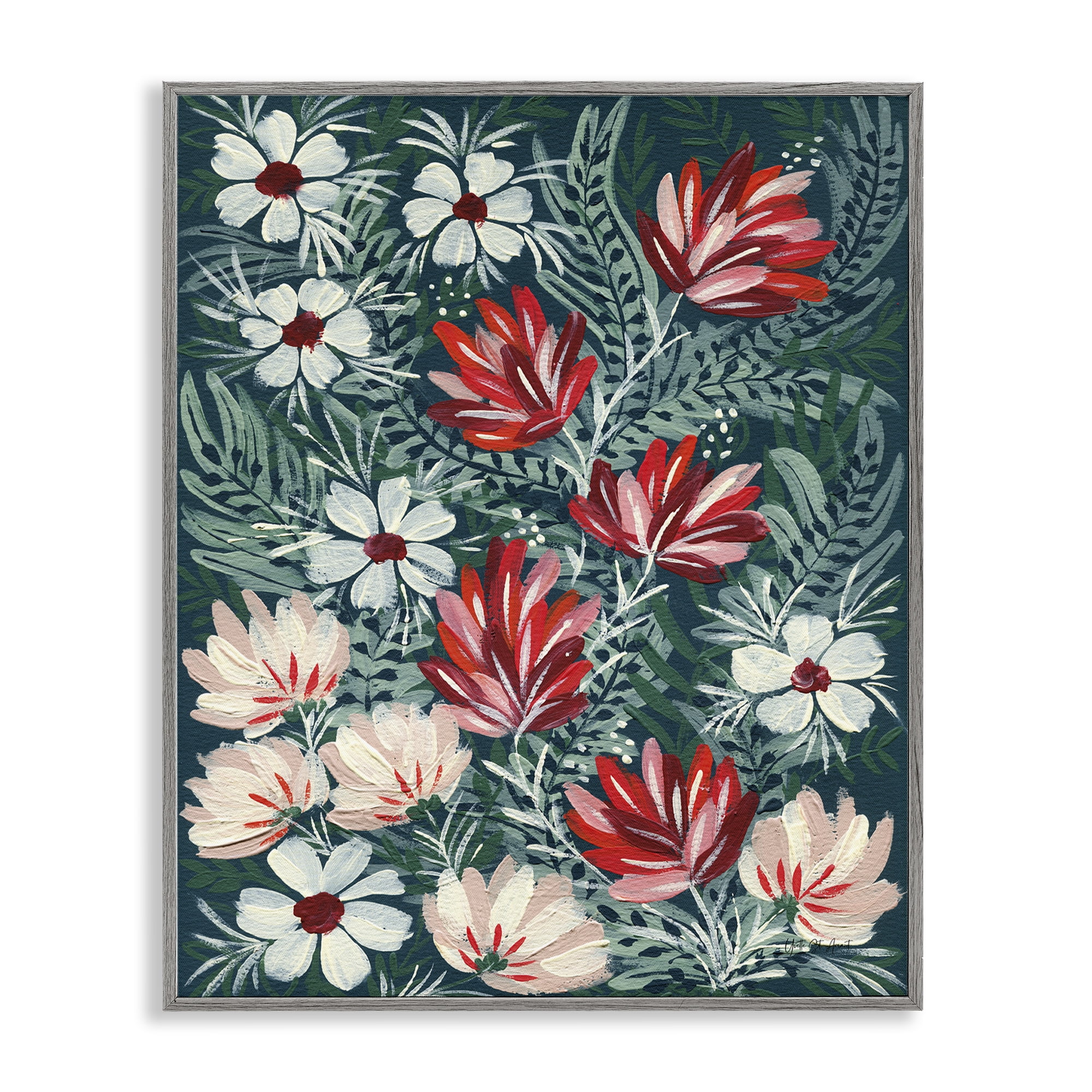 Stupell Industries Folksy Floral Pattern Botanical & Floral Painting Gray Framed Art Print Wall Art, 11 x 14