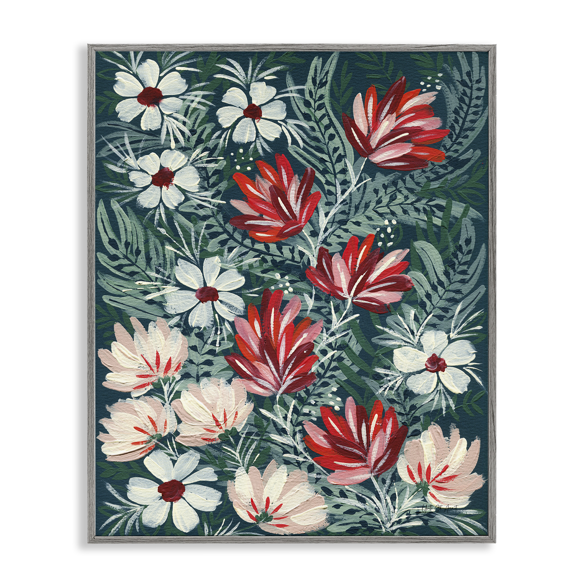 Stupell Industries Folksy Floral Pattern Botanical & Floral Painting Gray Framed Art Print Wall Art, 24 x 30