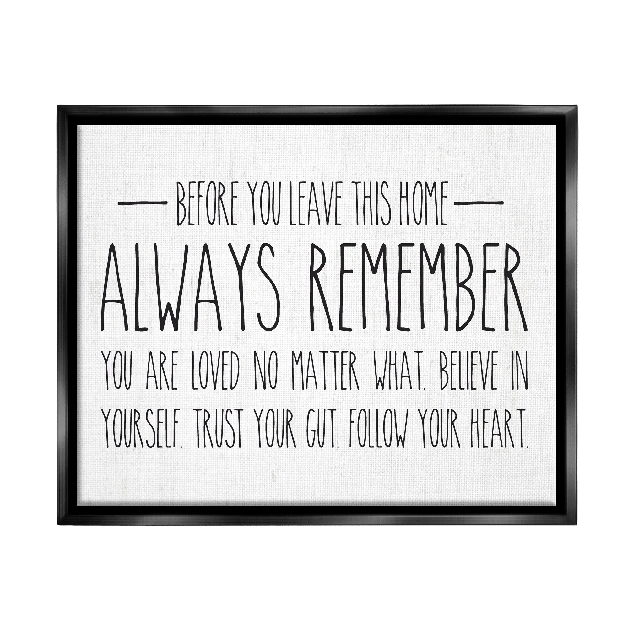 Stupell Industries Follow Your Heart Motivational Quote Casual Phrase Graphic Art Jet Black Floating Framed Canvas Print Wall Art, Design by Lettered and Lined