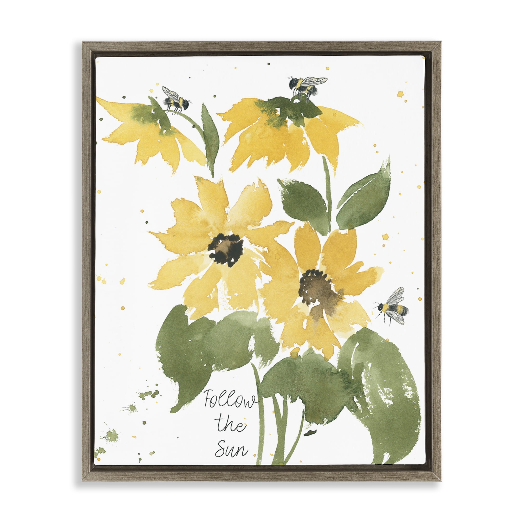 Stupell Industries Follow The Sun Phrase Botanical & Floral Painting Brown Floater Framed Art Print Wall Art, 17 x 21