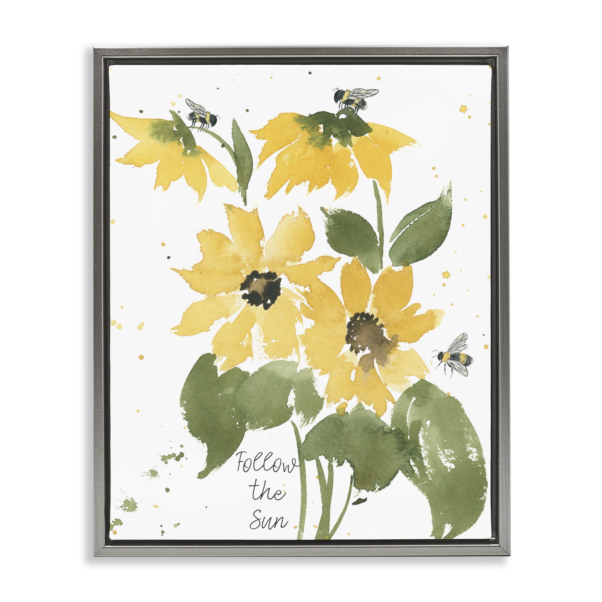 Stupell Industries Follow The Sun Phrase Botanical & Floral Painting Gray Floater Framed Art Print Wall Art, 17 x 21