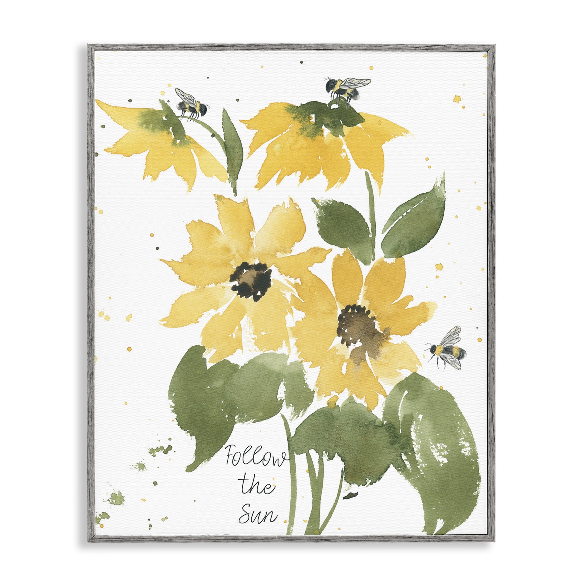 Stupell Industries Follow The Sun Phrase Botanical & Floral Painting Gray Framed Art Print Wall Art, 24 x 30