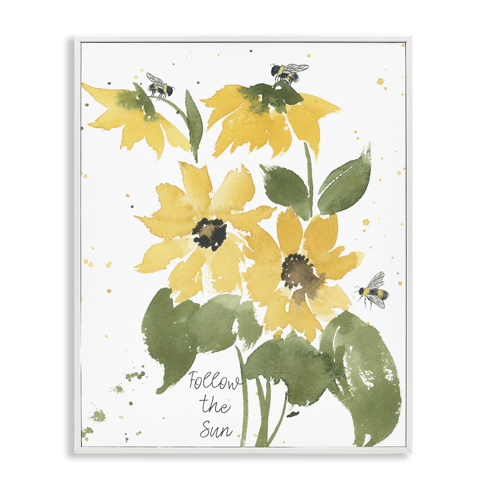 Stupell Industries Follow The Sun Phrase Botanical & Floral Painting White Framed Art Print Wall Art, 24 x 30