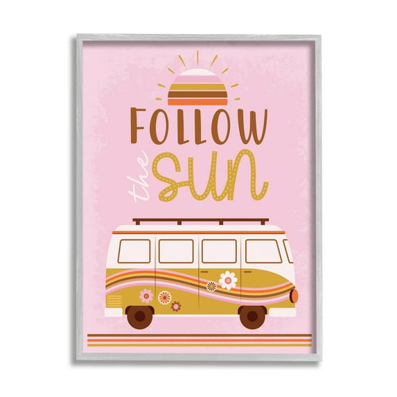Stupell Industries Follow The Sun Sentiment Retro Van Sunflowers Graphic Art Gray Framed Art Print Wall Art, 24x30, by Angela Nickeas