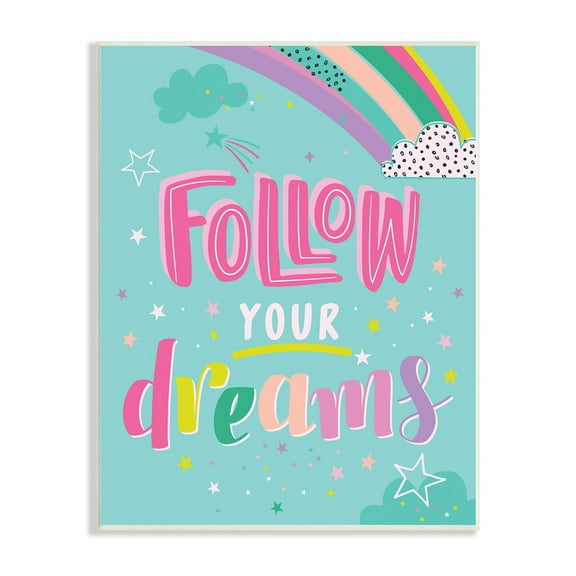 Stupell Industries Follow Your Dreams Bright Whimsical Patterned Rainbow Stars Wood Wall Art, 13 x 19, Design by Abi Hall
