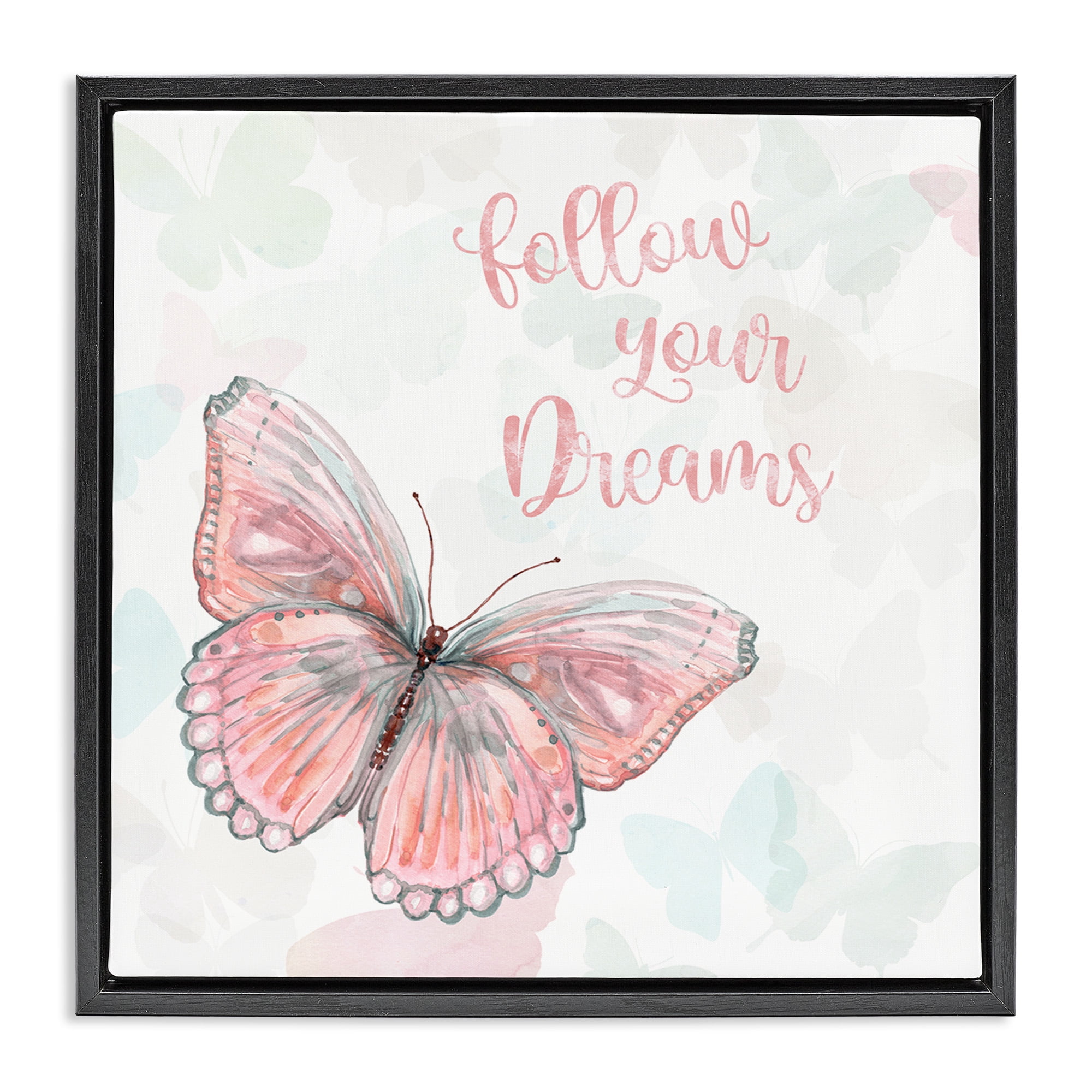 Stupell Industries Follow Your Dreams Pink Butterfly Animals & Insects Painting Black Floater Framed Canvas Art Print Wall Art, 18 x 18