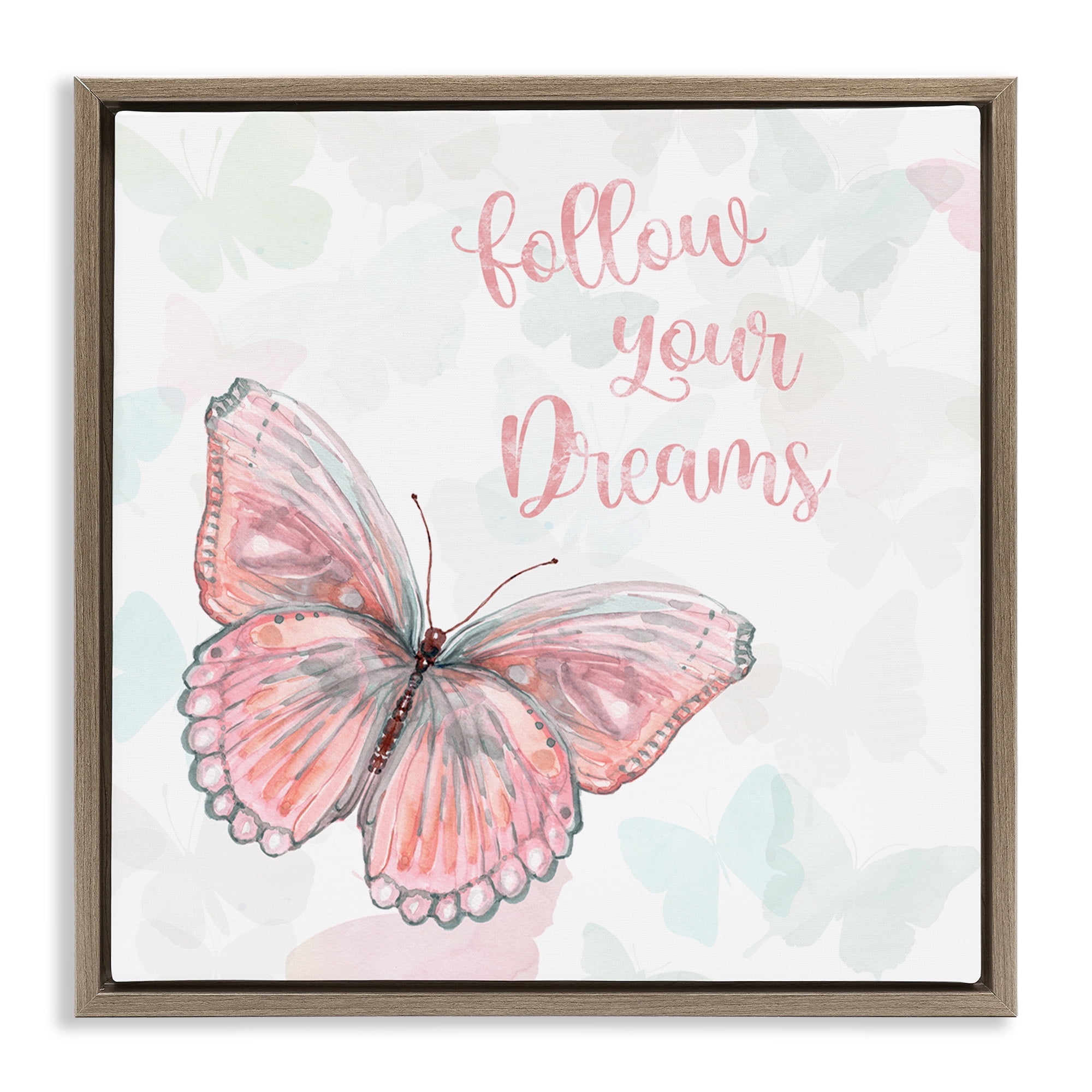 Stupell Industries Follow Your Dreams Pink Butterfly Animals & Insects Painting Brown Floater Framed Canvas Art Print Wall Art, 18 x 18