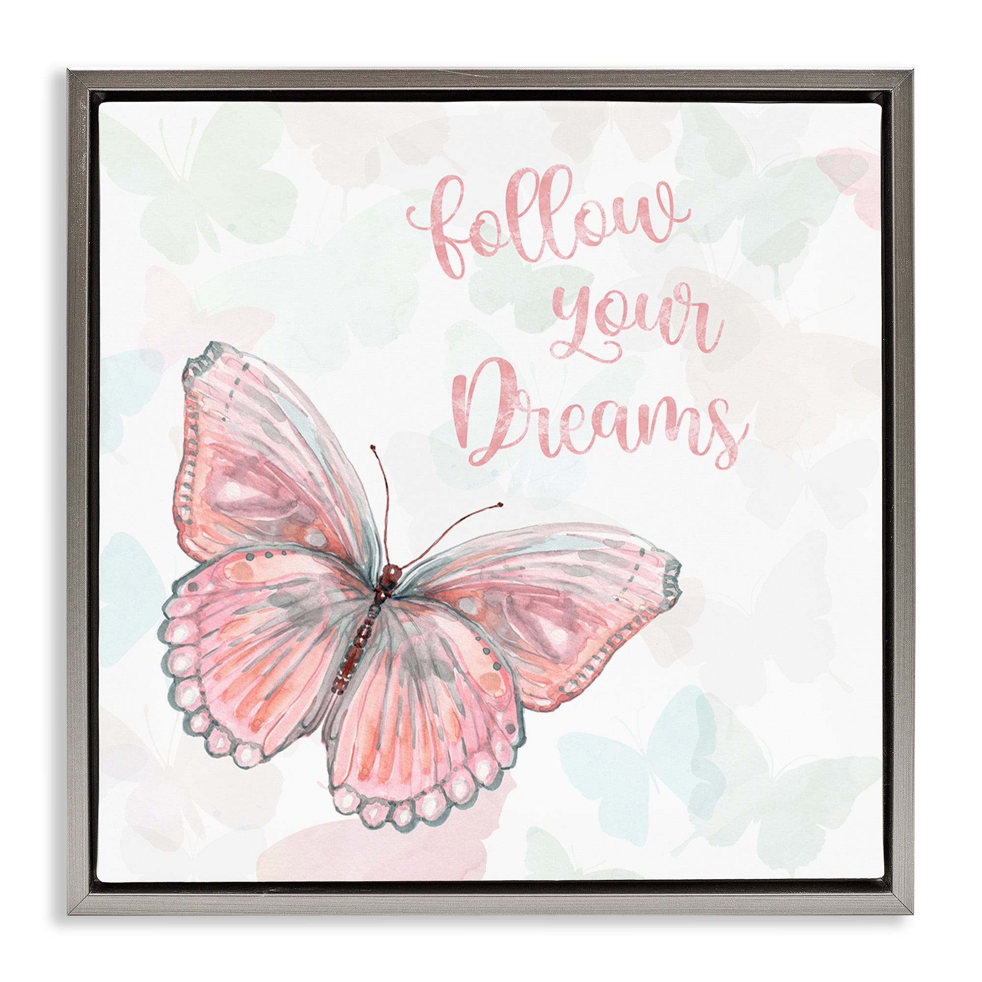 Stupell Industries Follow Your Dreams Pink Butterfly Animals & Insects Painting Gray Floater Framed Canvas Art Print Wall Art, 25 x 25