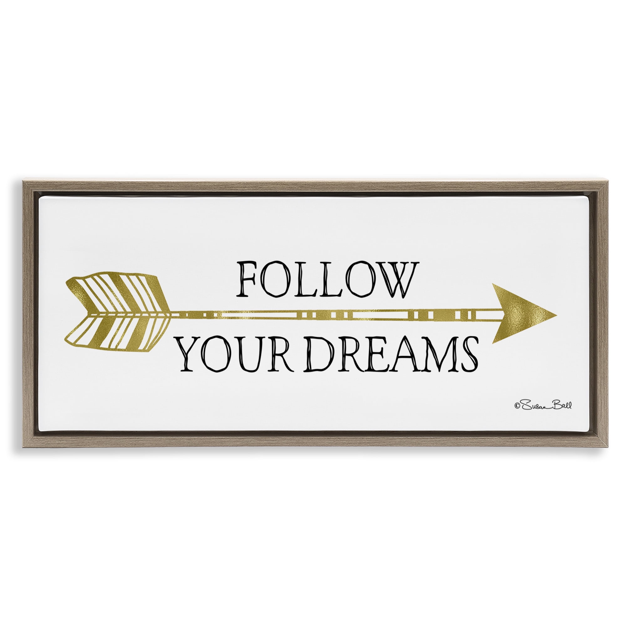 Stupell Industries Follow Your Dreams with Arrow Inspirational Painting Brown Floater Framed Canvas Art Print Wall Art, 25 x 11