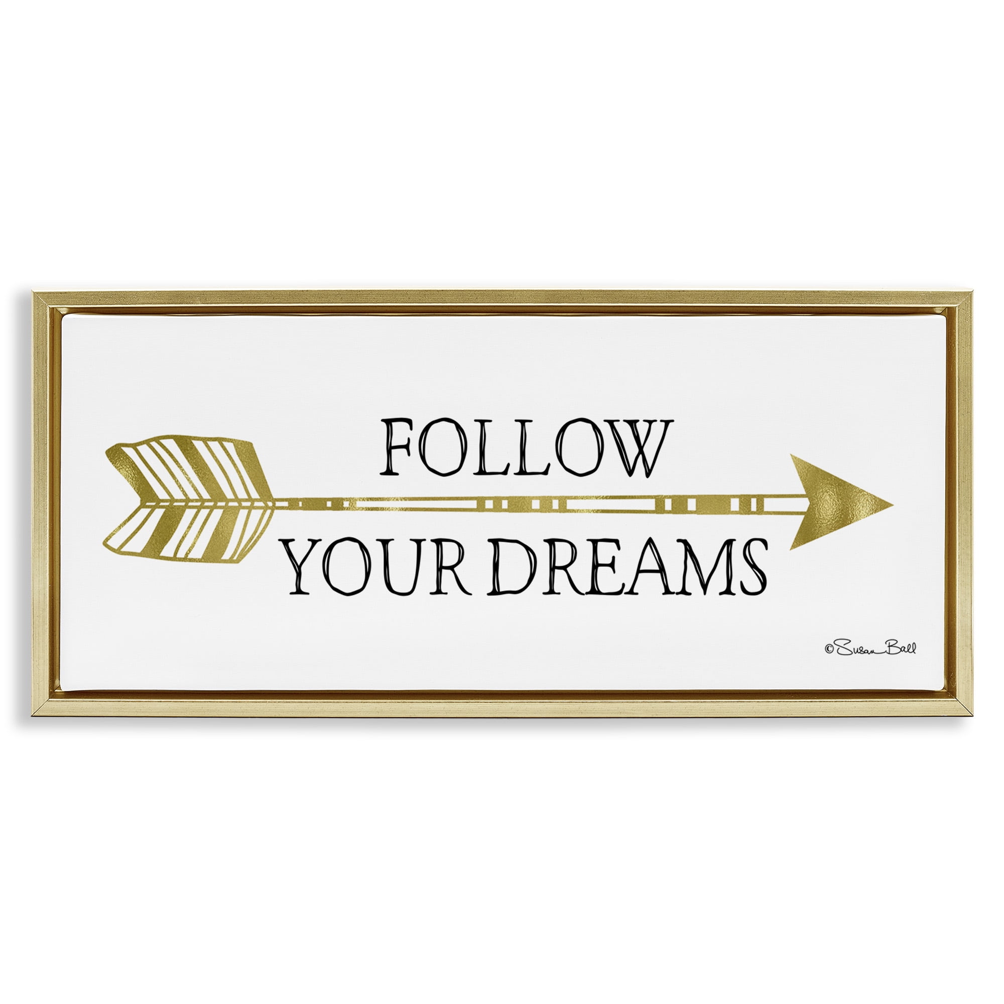 Stupell Industries Follow Your Dreams with Arrow Inspirational Painting Gold Floater Framed Canvas Art Print Wall Art, 31 x 14