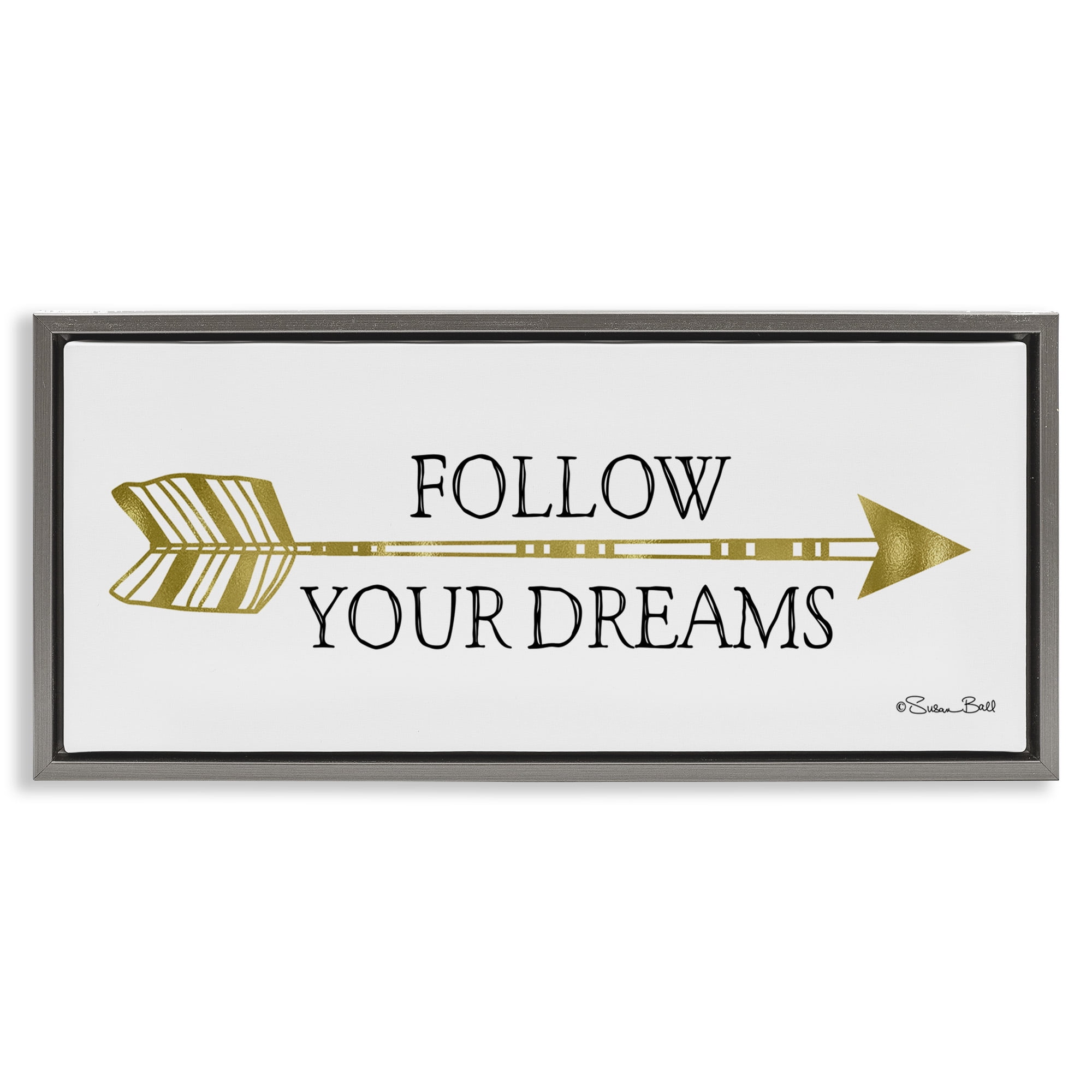 Stupell Industries Follow Your Dreams with Arrow Inspirational Painting Gray Floater Framed Canvas Art Print Wall Art, 31 x 14