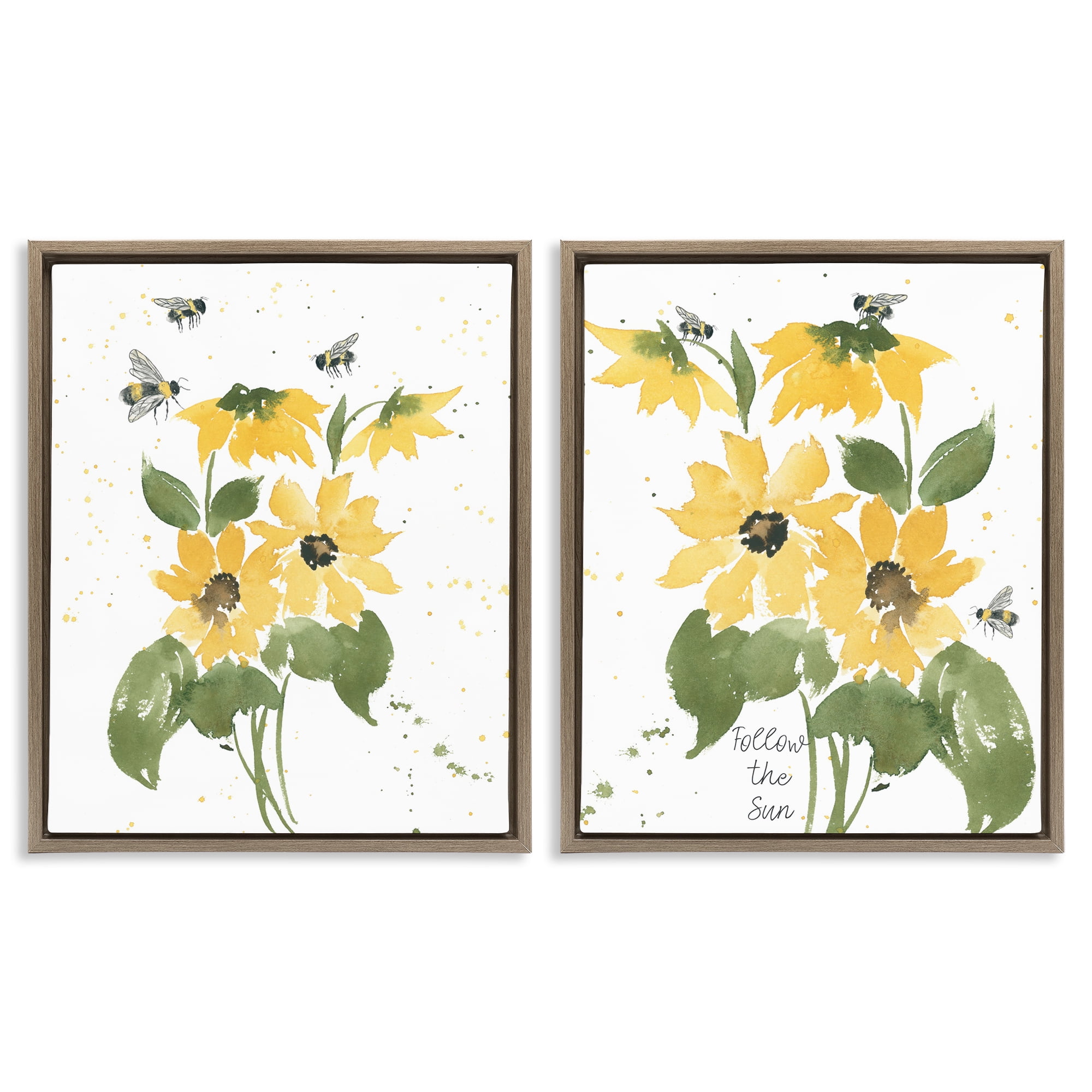 Stupell Industries Follow the Sun Flowers Plants & Flowers Painting Brown Floater Framed Canvas Art Print Wall Art, 31 x 25, Set of 2