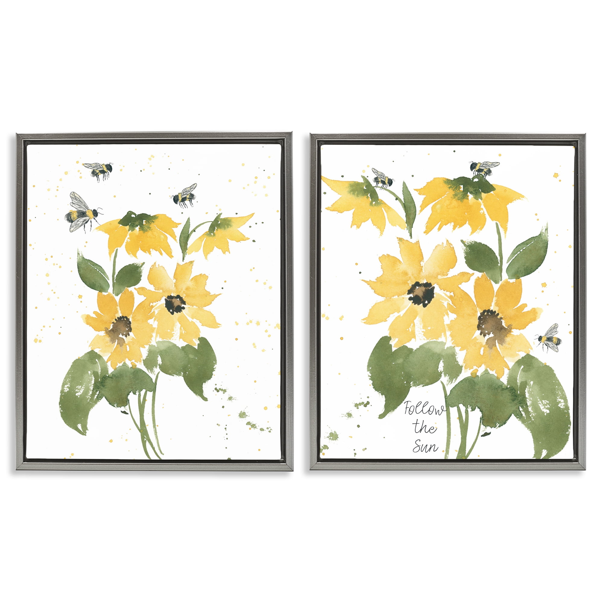 Stupell Industries Follow the Sun Flowers Plants & Flowers Painting Gray Floater Framed Canvas Art Print Wall Art, 31 x 25, Set of 2