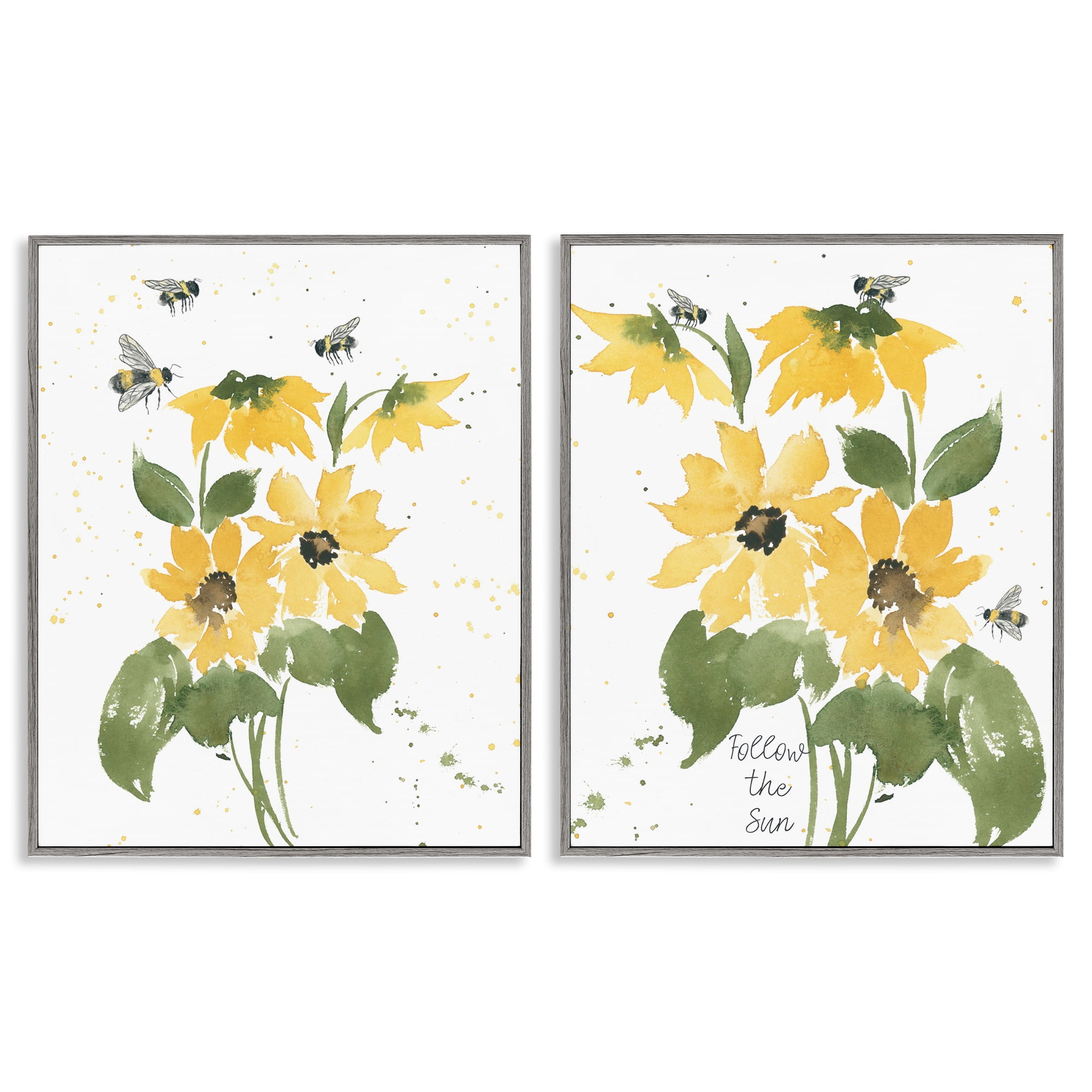 Stupell Industries Follow the Sun Flowers Plants & Flowers Painting Gray Framed Art Print Wall Art, 24 x 30, Set of 2