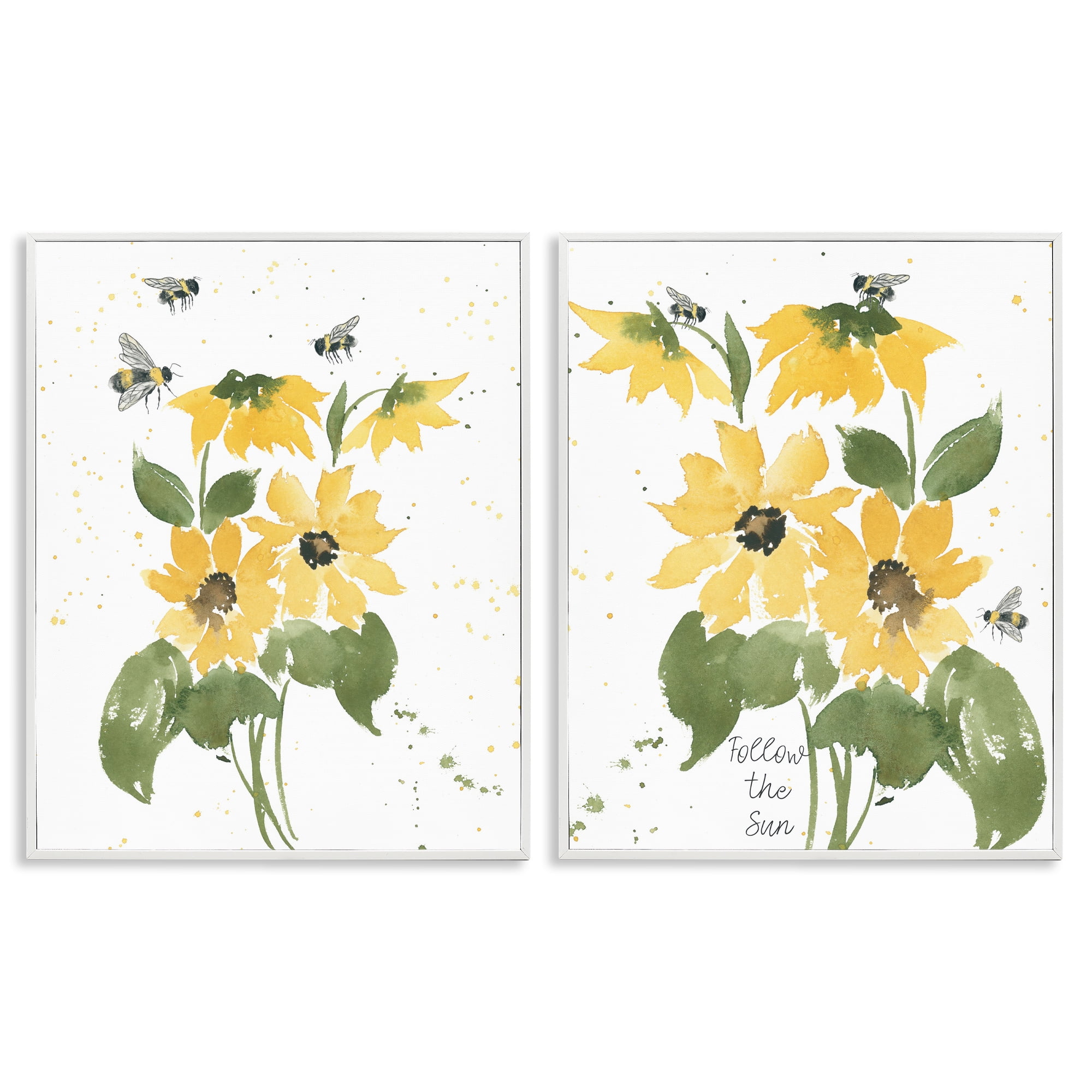 Stupell Industries Follow the Sun Flowers Plants & Flowers Painting White Framed Art Print Wall Art, 11 x 14, Set of 2