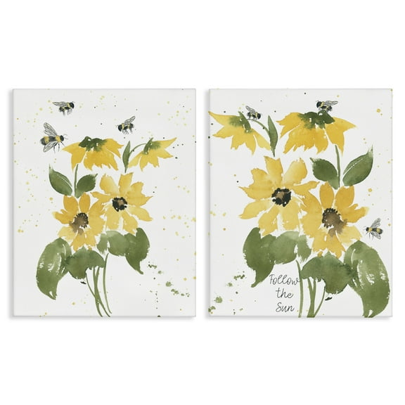Stupell Industries Follow the Sun Flowers Plants & Flowers Painting Wrapped Canvas Art Print Wall Art, 16 x 20, Set of 2