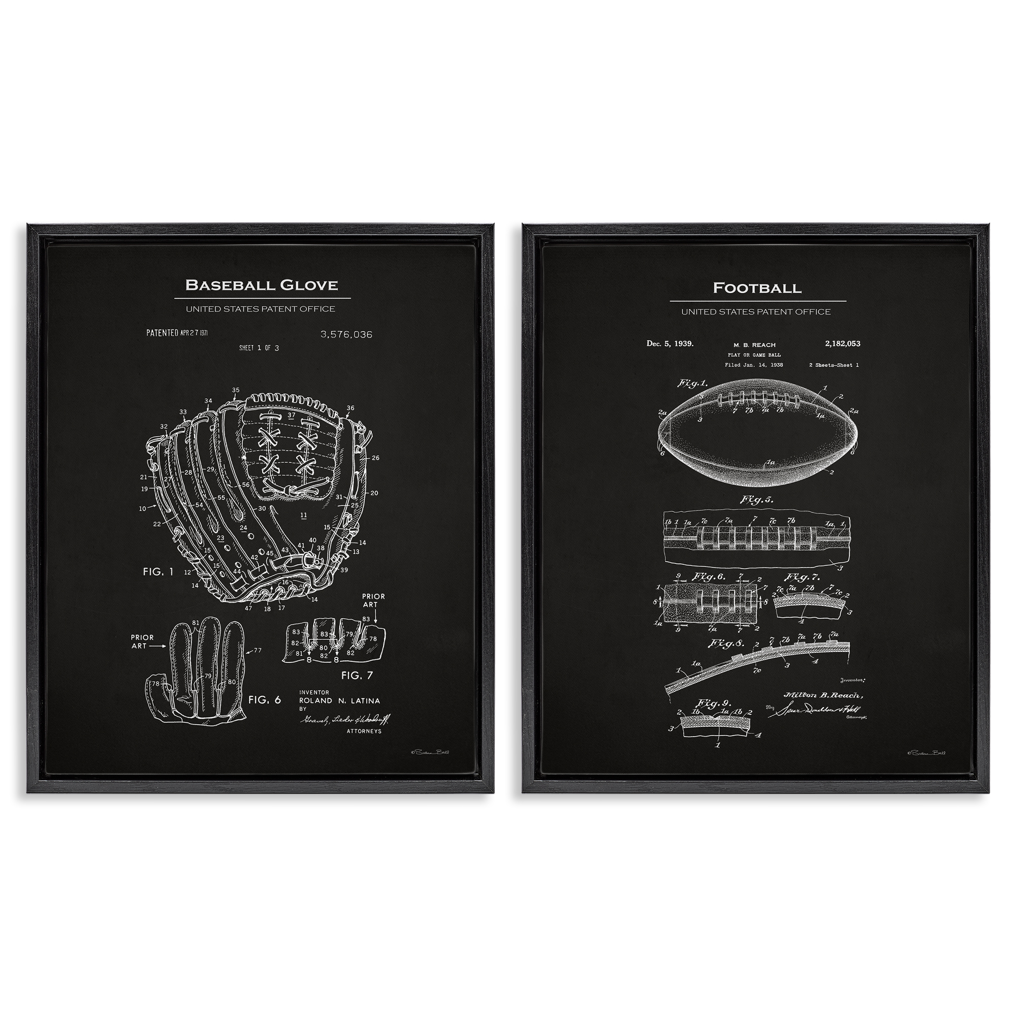 Stupell Industries Football Baseball Glove Patent Education Painting Black Floater Framed Canvas Art Print Wall Art, 31 x 25, Set of 2
