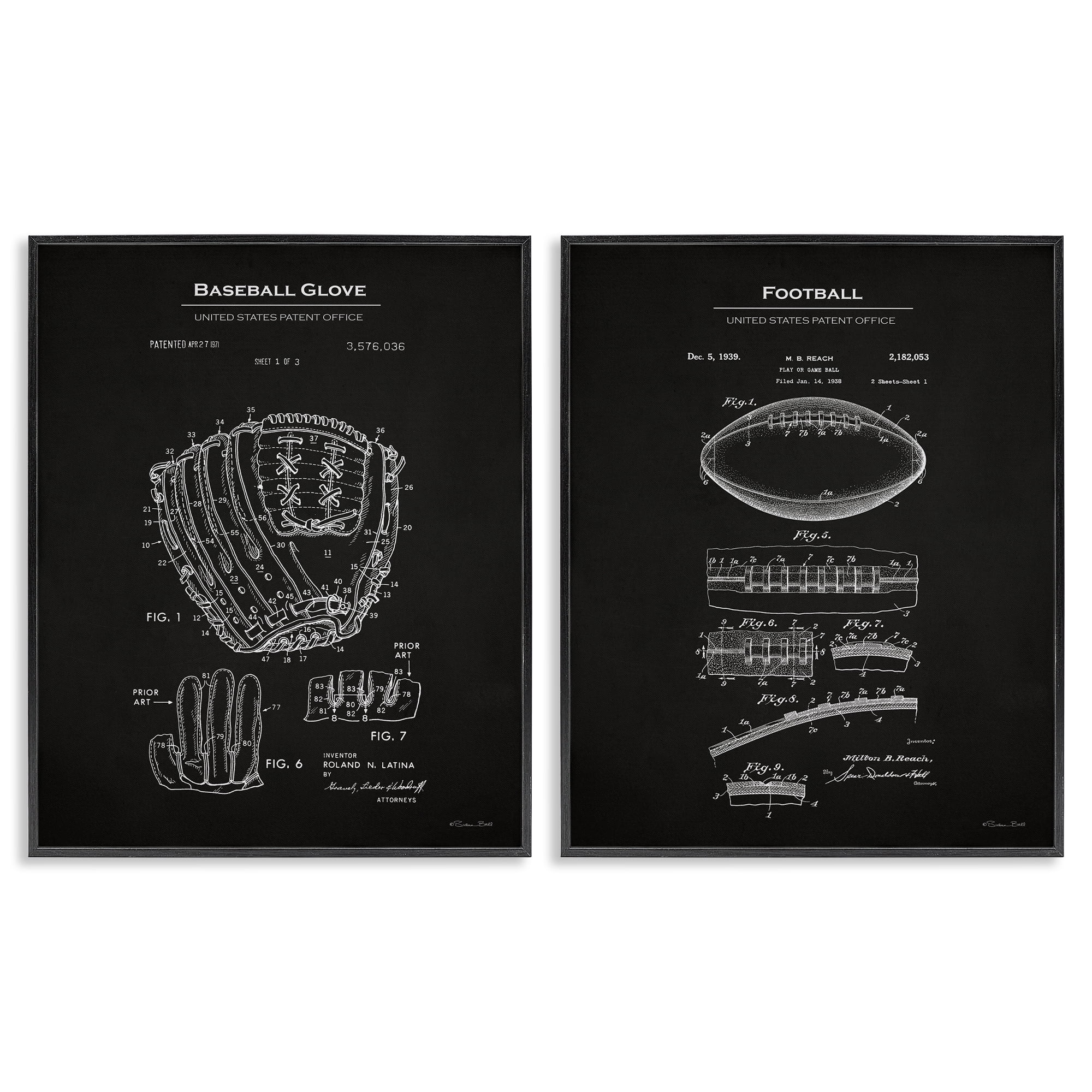 Stupell Industries Football Baseball Glove Patent Education Painting Black Framed Art Print Wall Art, 24 x 30, Set of 2
