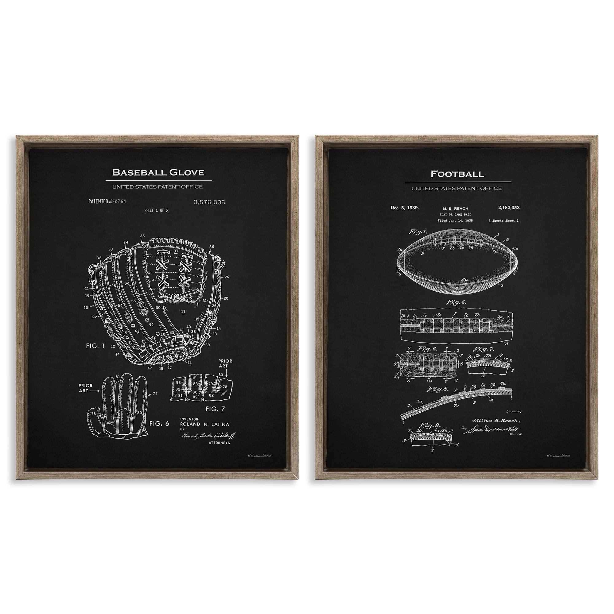 Stupell Industries Football Baseball Glove Patent Education Painting Brown Floater Framed Canvas Art Print Wall Art, 17 x 21, Set of 2