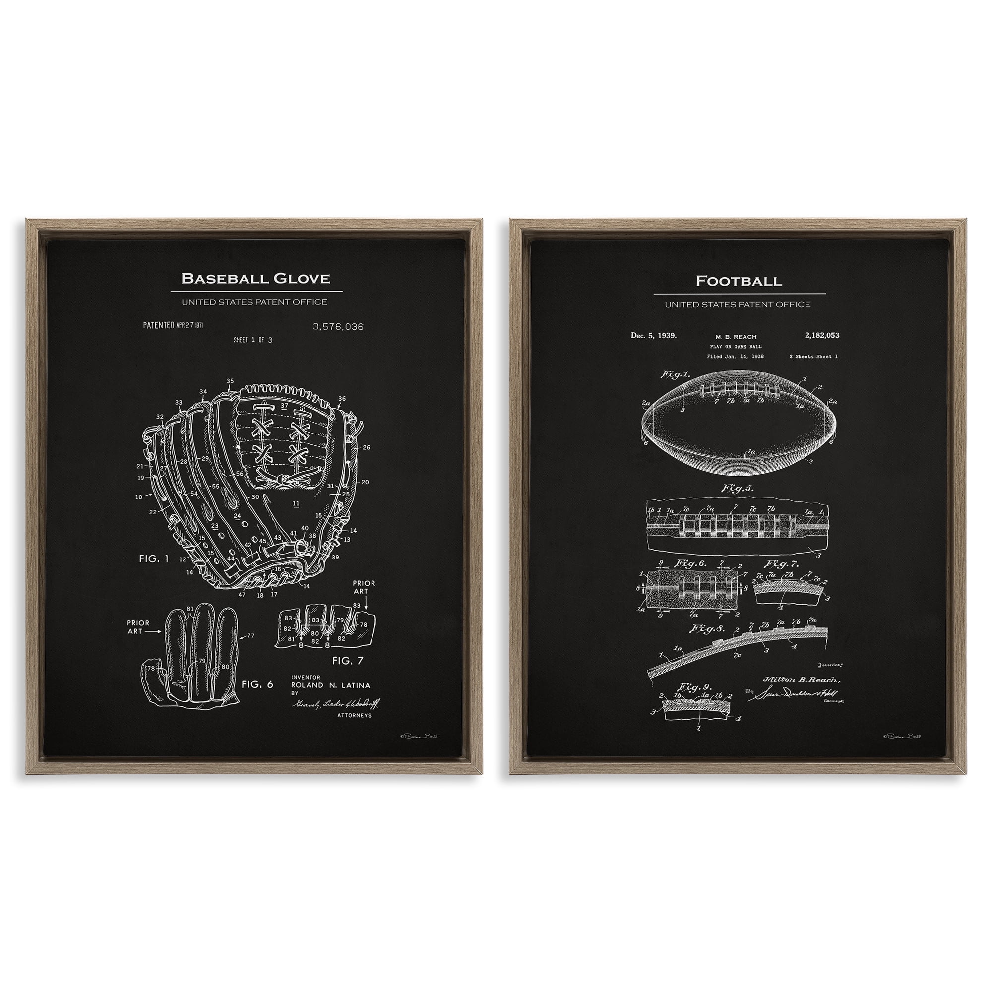 Stupell Industries Football Baseball Glove Patent Education Painting Brown Floater Framed Canvas Art Print Wall Art, 31 x 25, Set of 2