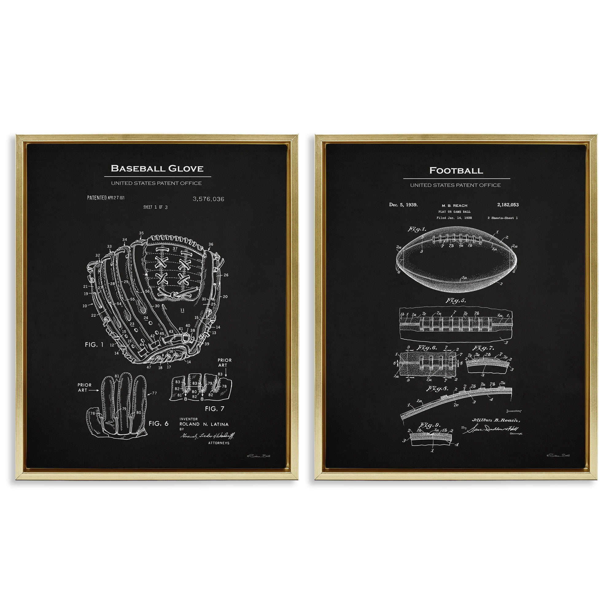 Stupell Industries Football Baseball Glove Patent Education Painting Gold Floater Framed Canvas Art Print Wall Art, 17 x 21, Set of 2