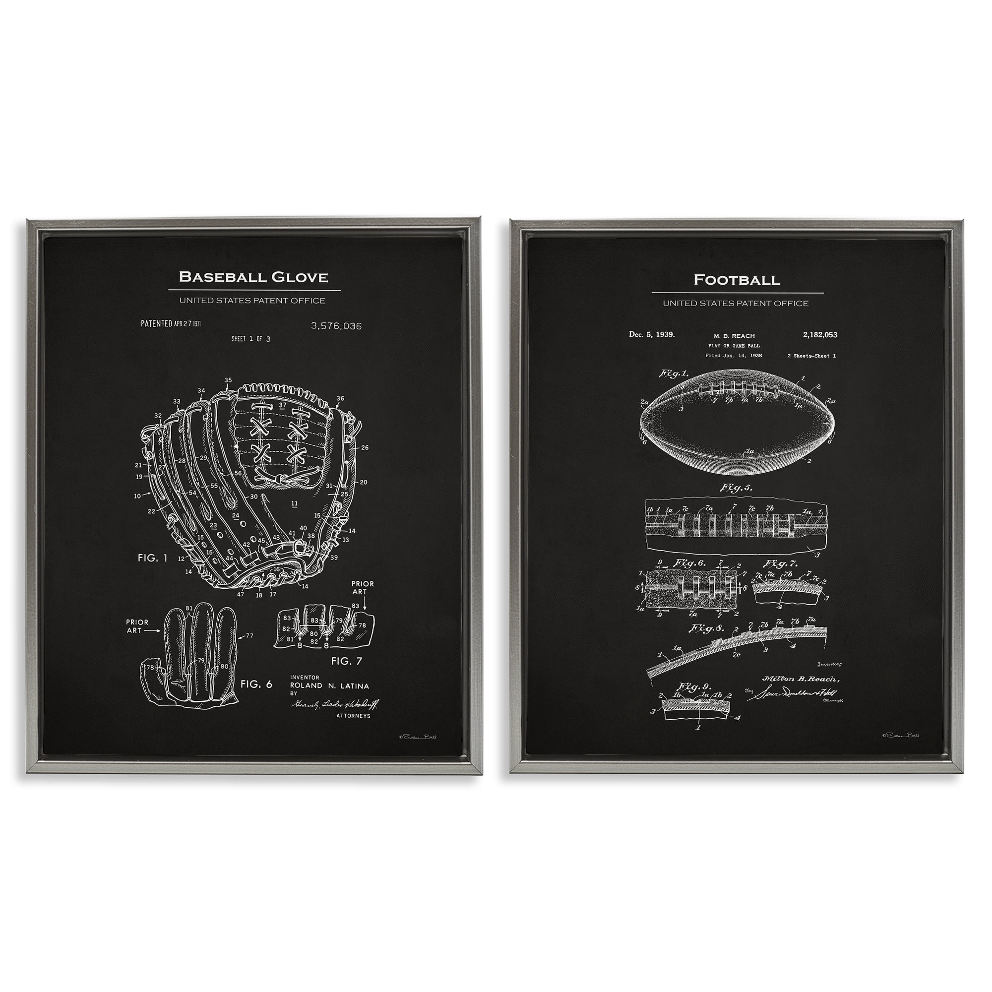 Stupell Industries Football Baseball Glove Patent Education Painting Gray Floater Framed Canvas Art Print Wall Art, 17 x 21, Set of 2
