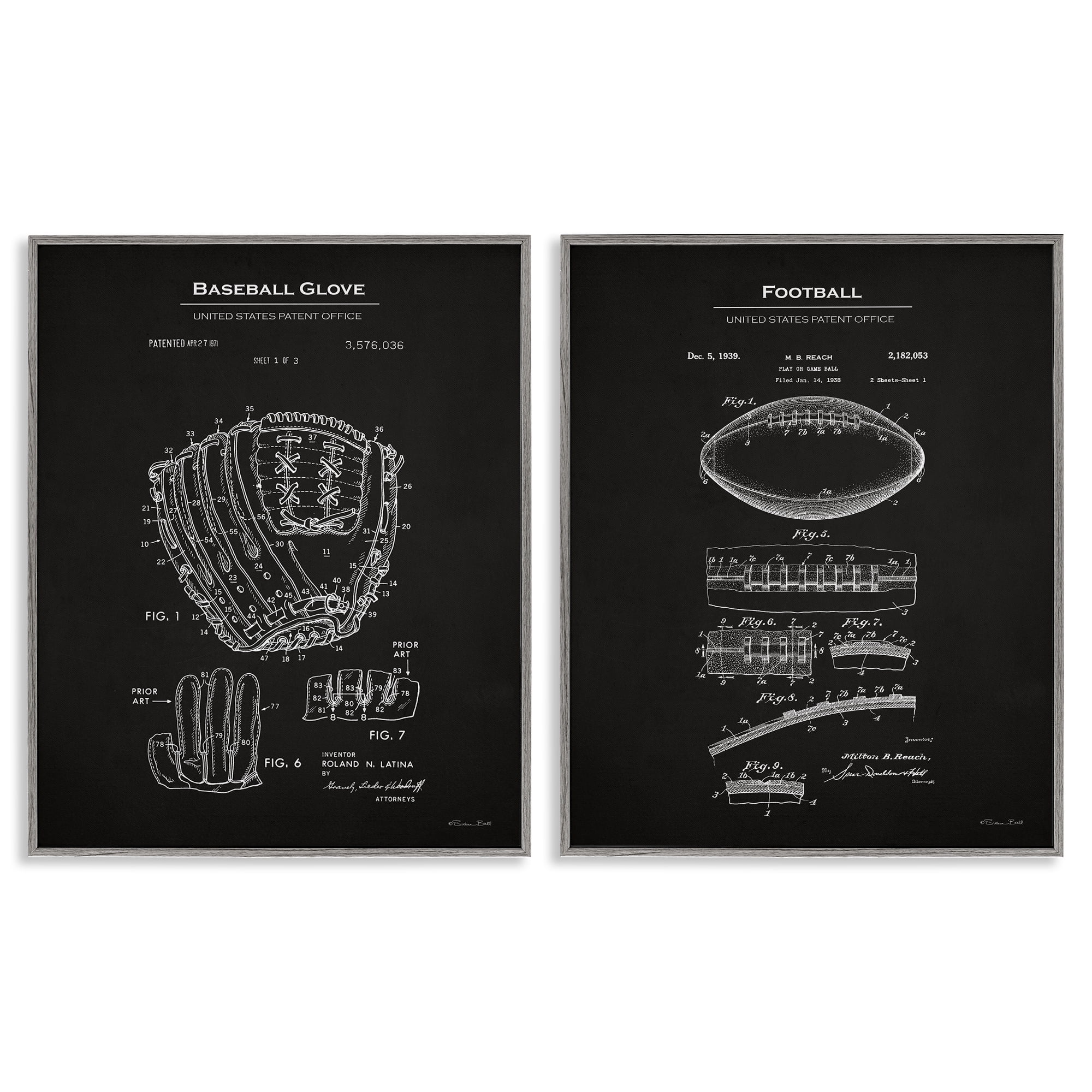 Stupell Industries Football Baseball Glove Patent Education Painting Gray Framed Art Print Wall Art, 11 x 14, Set of 2