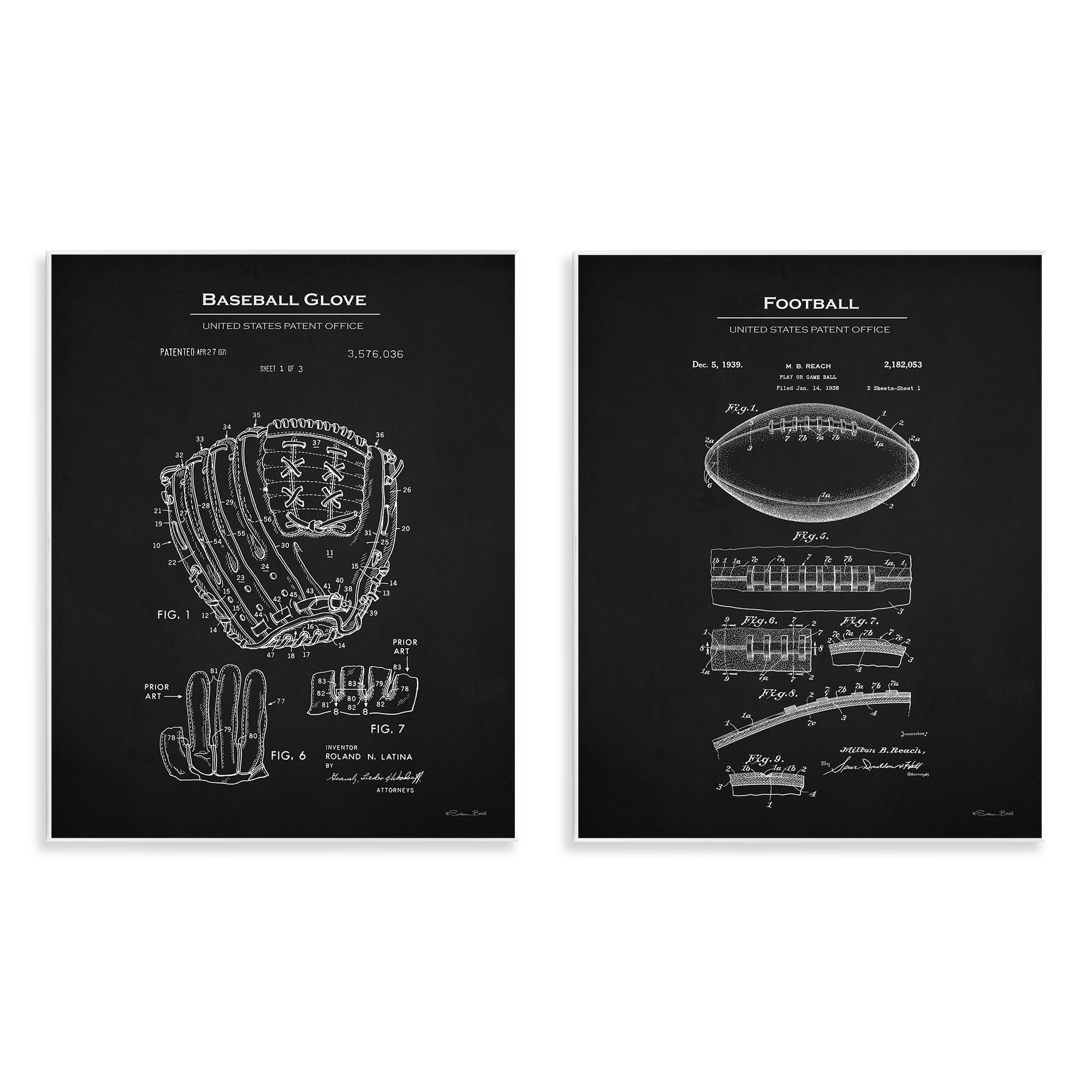 Stupell Industries Football Baseball Glove Patent Education Painting Unframed Art Print Wall Art, 11 x 14, Set of 2