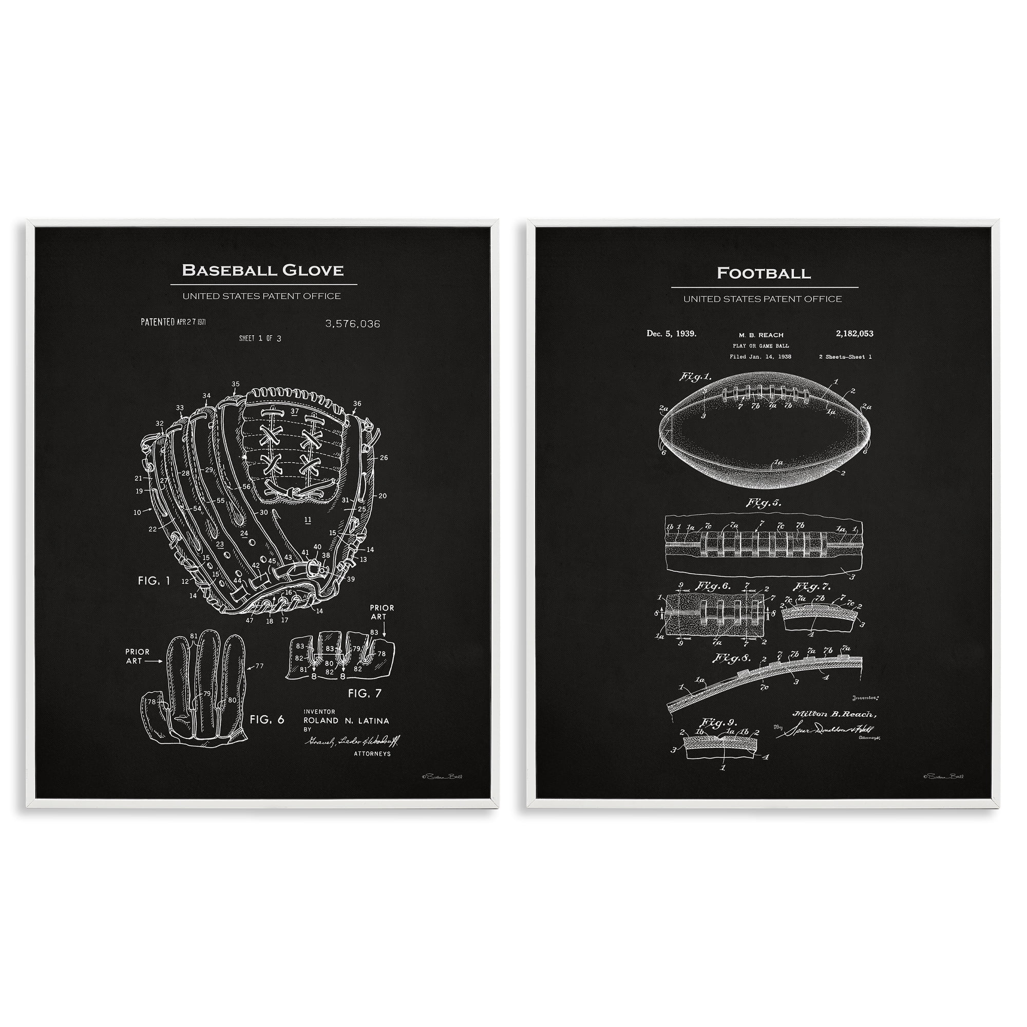 Stupell Industries Football Baseball Glove Patent Education Painting White Framed Art Print Wall Art, 16 x 20, Set of 2