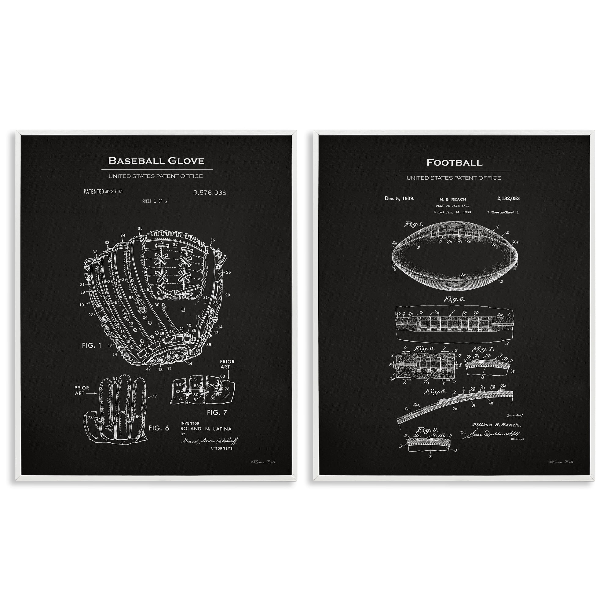 Stupell Industries Football Baseball Glove Patent Education Painting White Framed Art Print Wall Art, 24 x 30, Set of 2