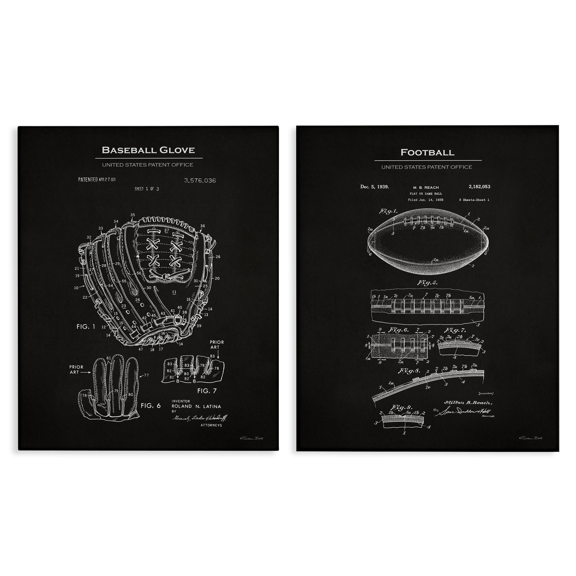 Stupell Industries Football Baseball Glove Patent Education Painting Wrapped Canvas Art Print Wall Art, 24 x 30, Set of 2